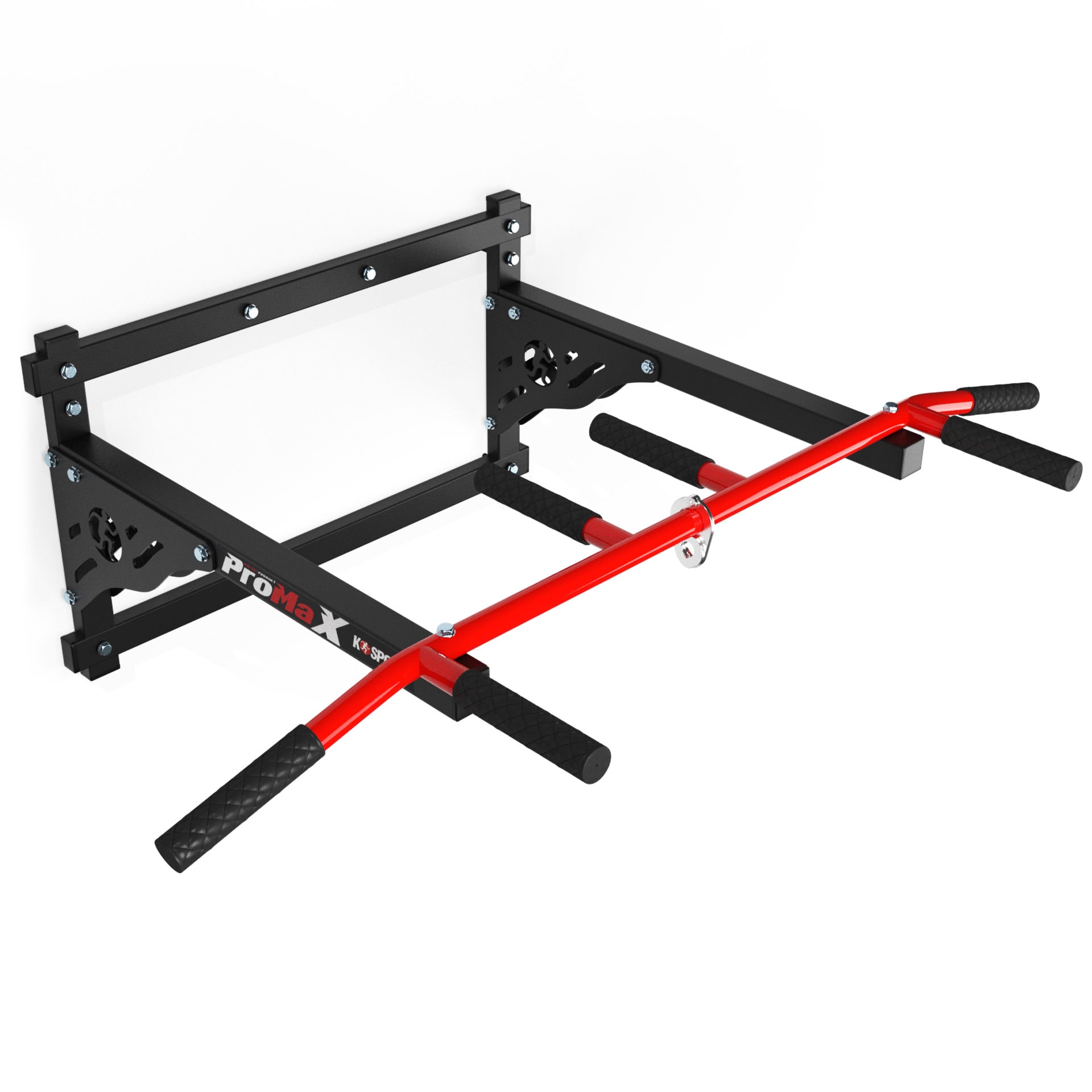 Barra de dominadas en diseño negro-rojo, adecuada para montaje en pared, con agarres resistentes