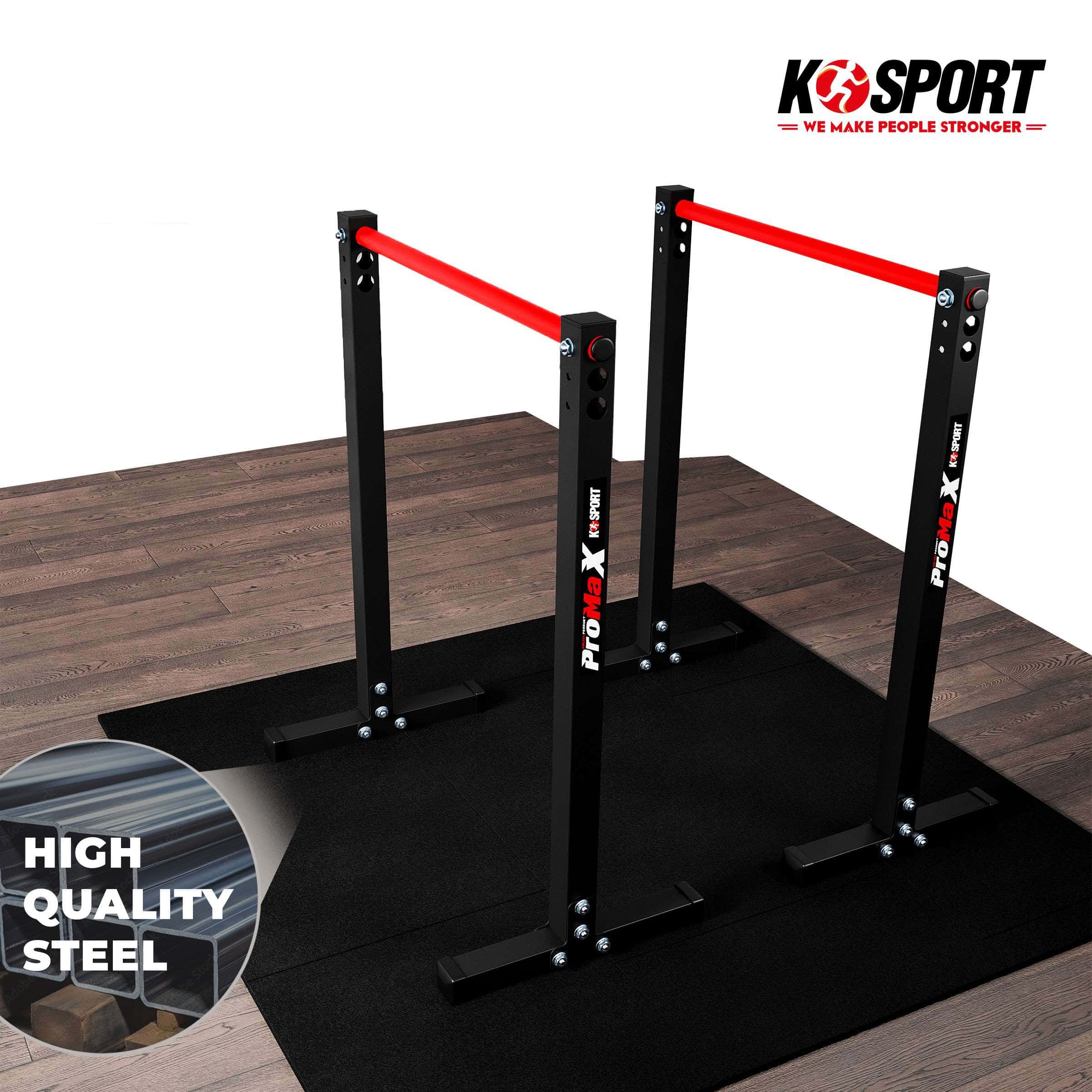 K-Sport Dip-Bar sur plancher en bois avec tapis et indication de l'acier de qualité