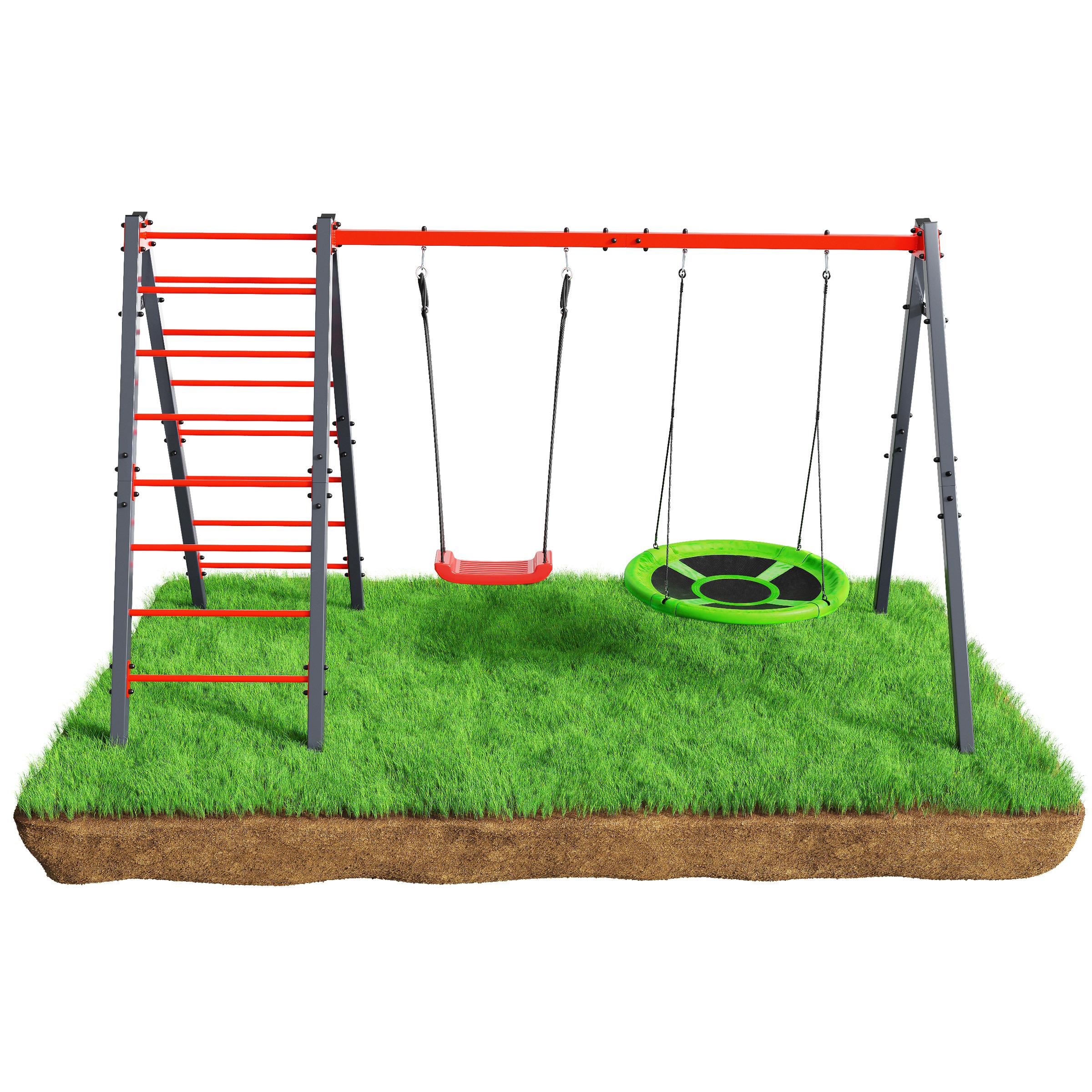 Conjunto de columpio con dos asientos y escalera en un trozo de césped verde