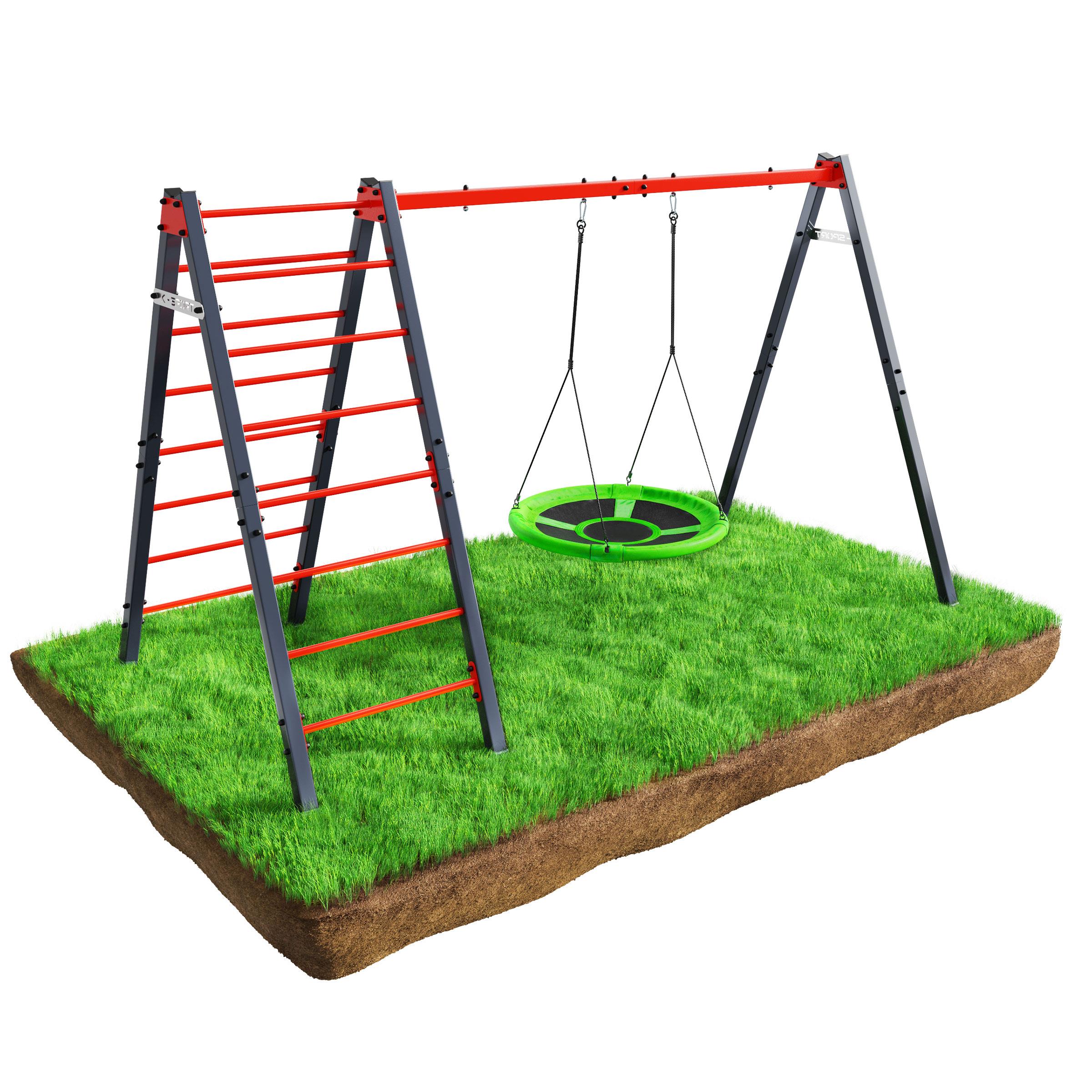 Conjunto de columpio metálico con dos asientos rojos y escalera sobre césped sintético verde