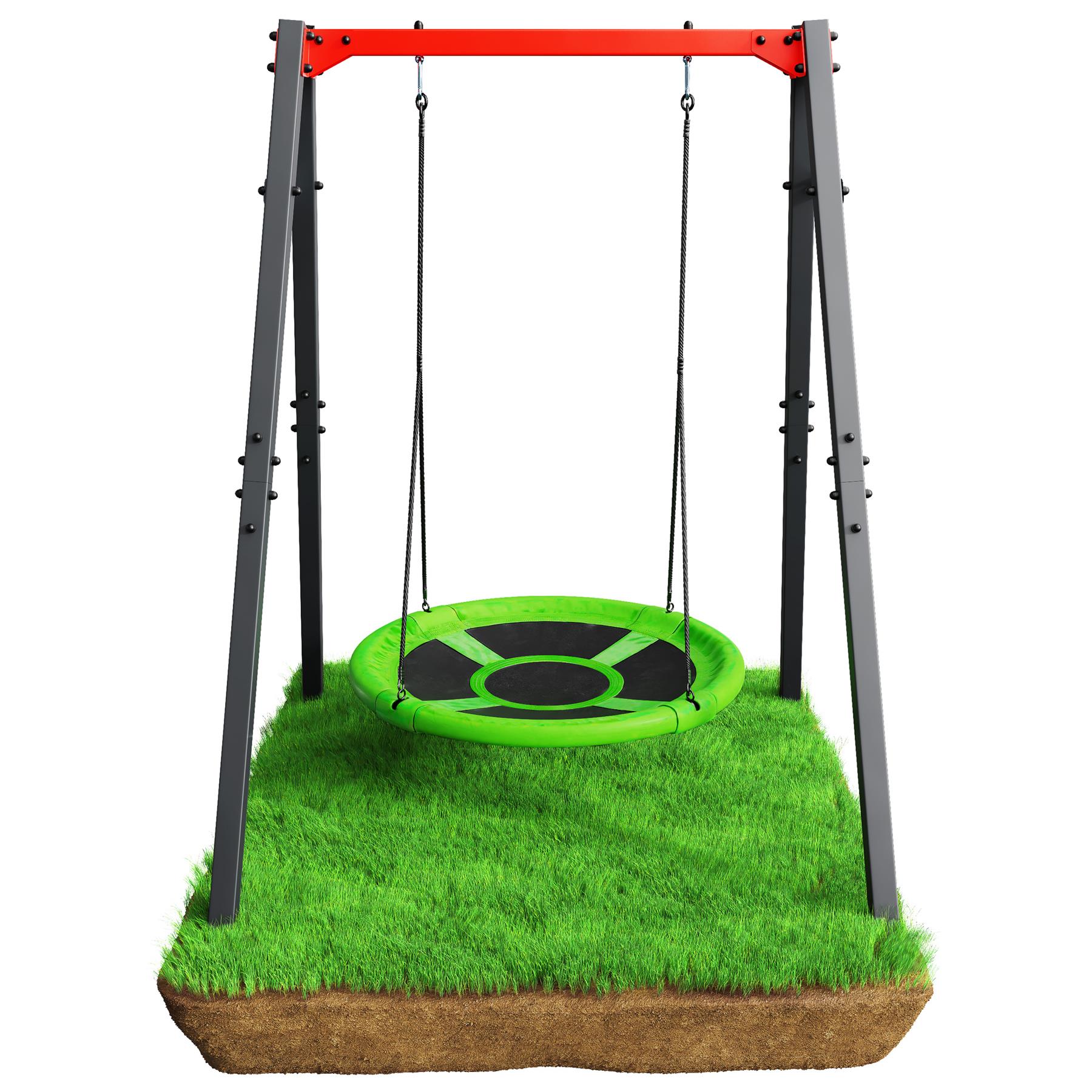 Vista detallada del columpio infantil con un columpio de nido verde, fijado a una estructura metálica robusta