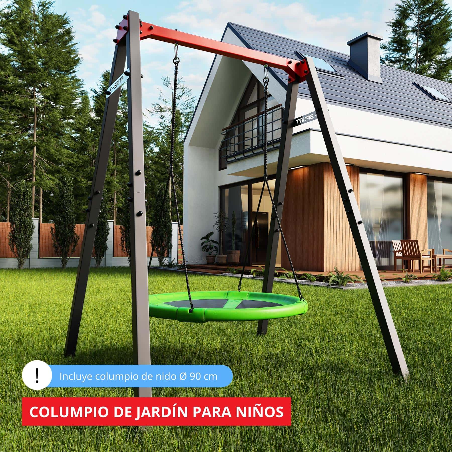 Columpio infantil moderno de K-Sport en el jardín, adecuado para niños y perfecto para la diversión al aire libre