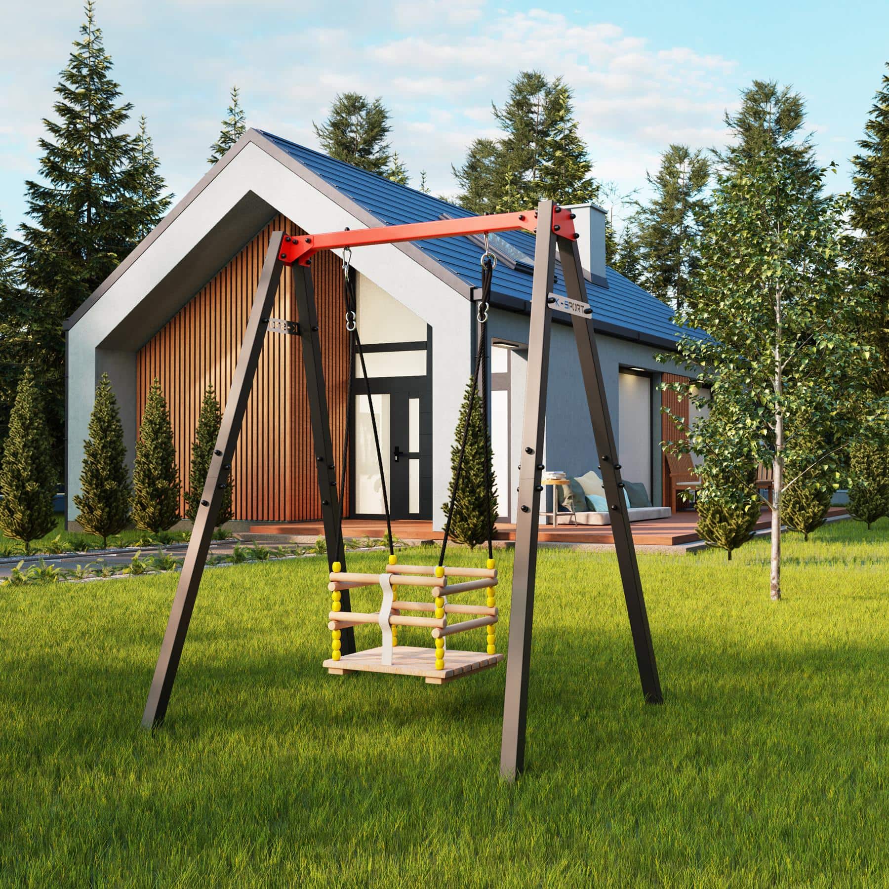 Columpio de rejilla K-Sport en el jardín con una casa moderna al fondo, perfecto para la diversión al aire libre