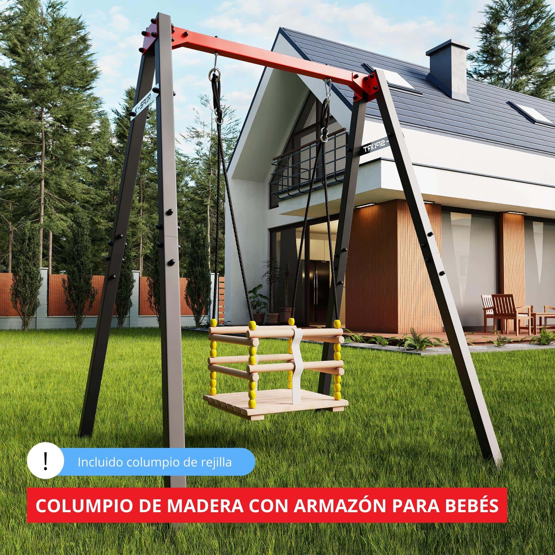 Columpio de rejilla K-Sport con estructura estable, ideal para niños y actividades versátiles en el jardín