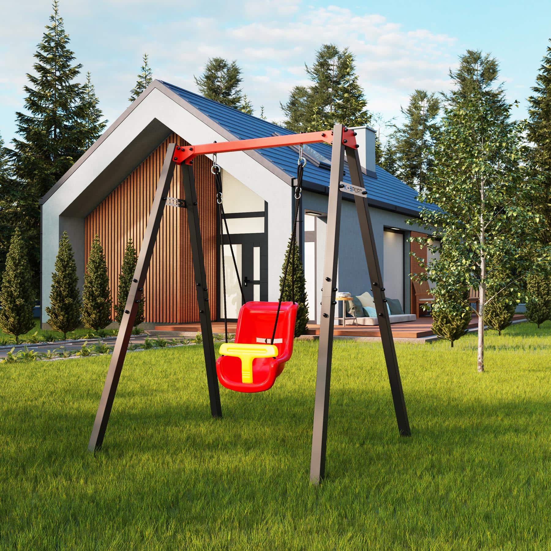 Columpio para bebés K-Sport en el jardín con una casa moderna al fondo, ideal para un disfrute seguro al aire libre