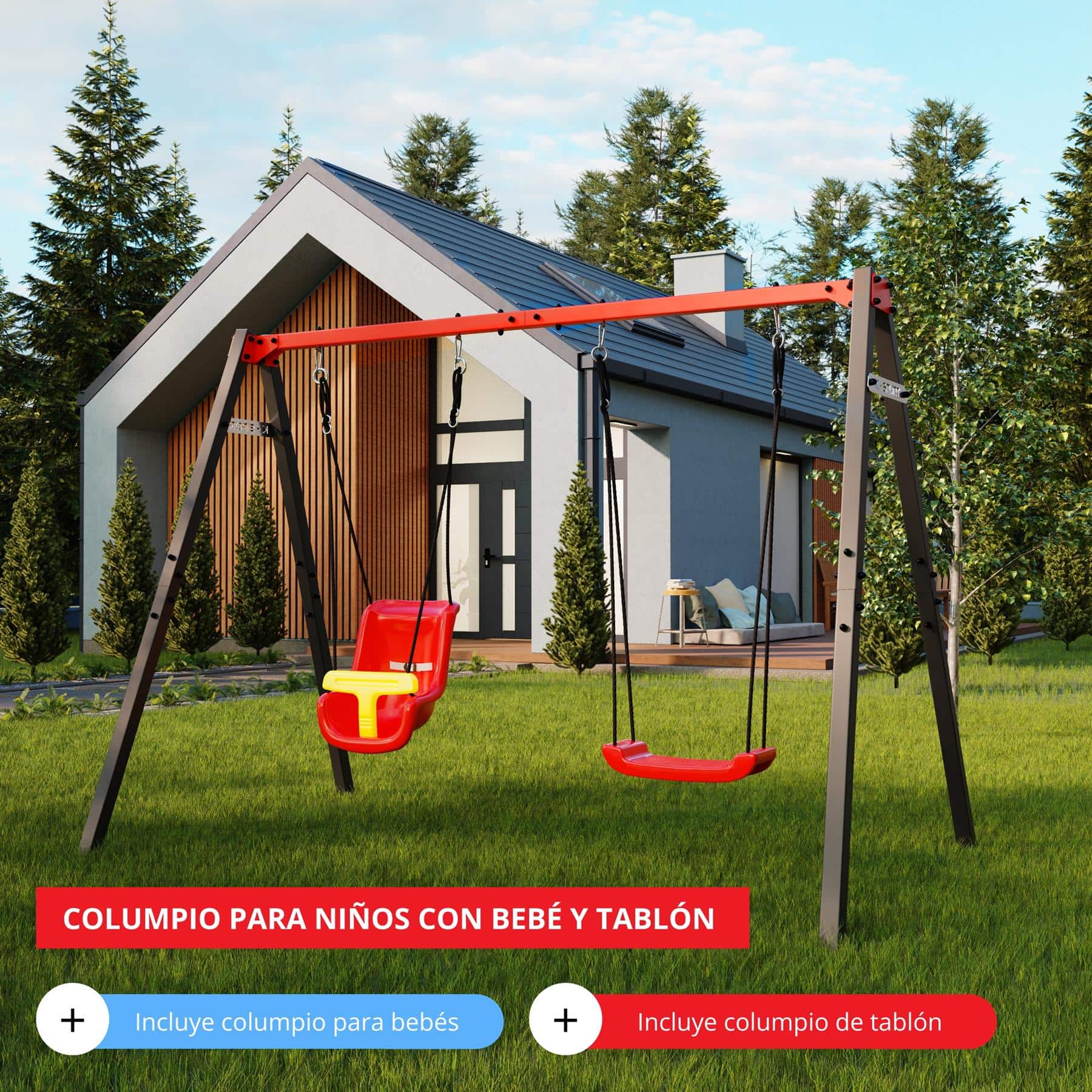 Columpio infantil de jardín con componentes numerados que incluye columpio para bebés y columpio clásico delante de una casa