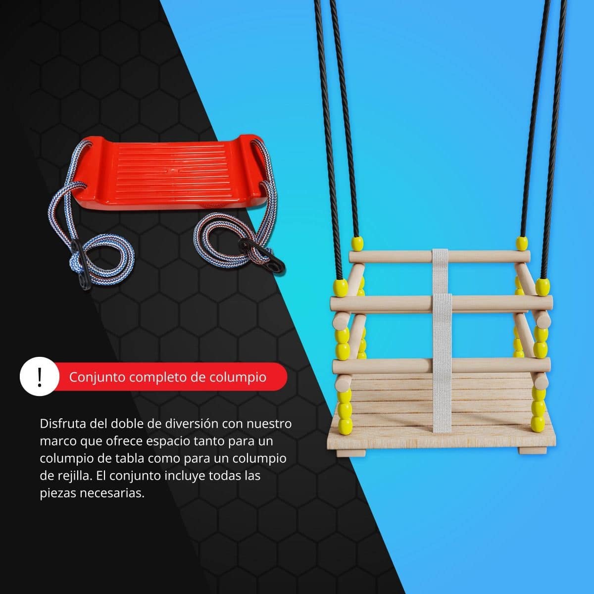 Columpio de tabla rojo y asiento de red para niños – Conjunto completo