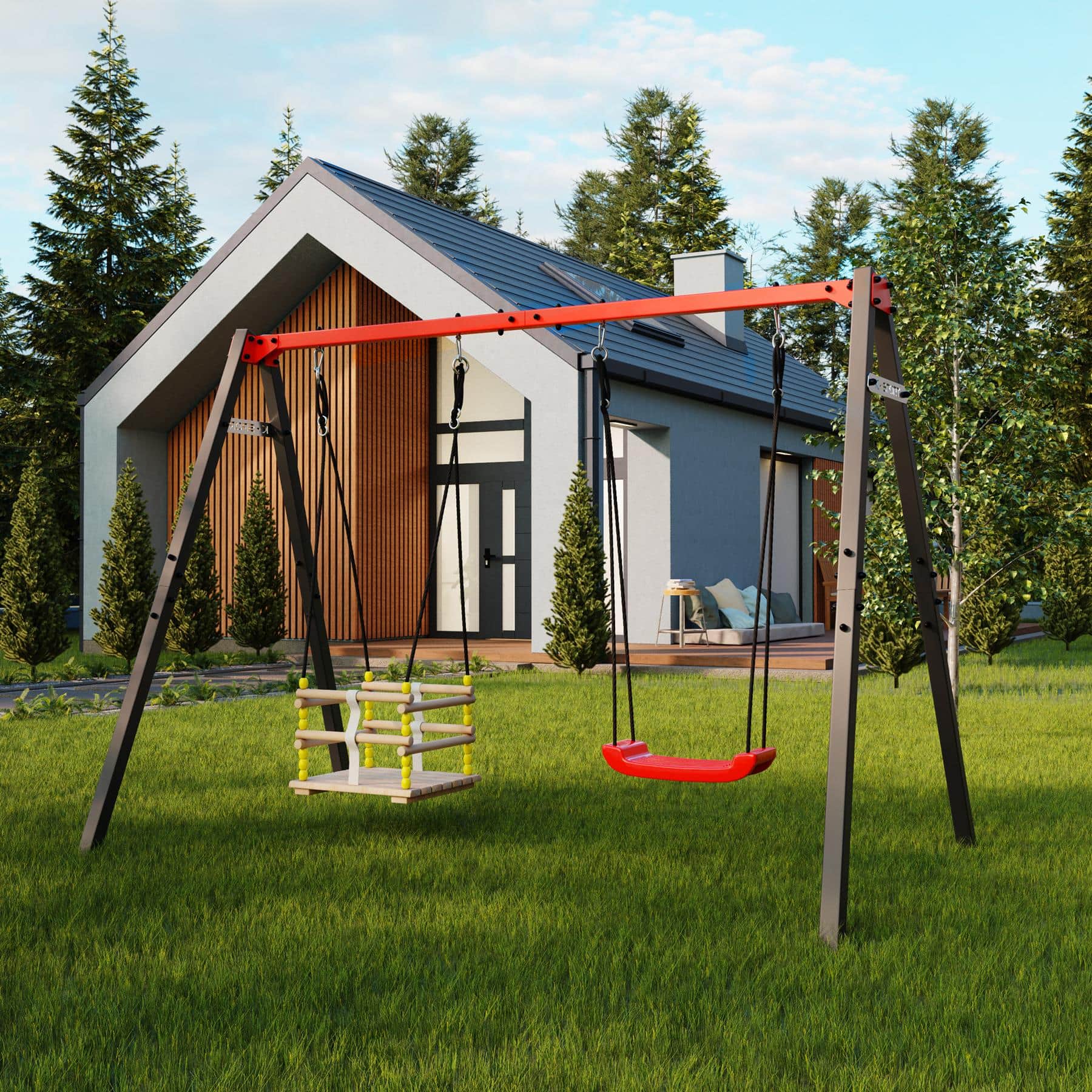 Columpio infantil de exterior con columpio de tablero rojo y asiento de celosía de madera