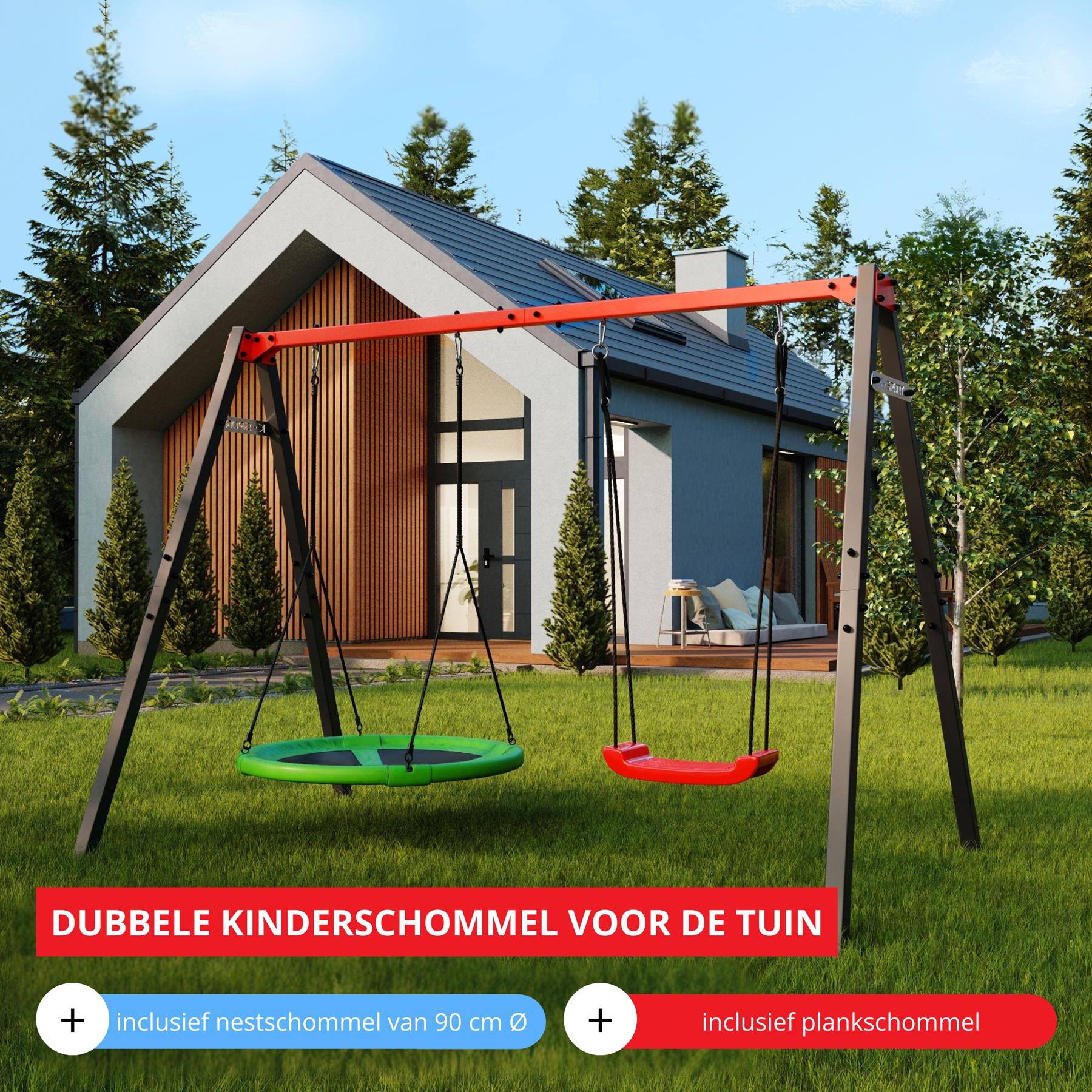 Vrijstaande K-Sport kinderschommel met nestschommel en plankschommel in de tuin