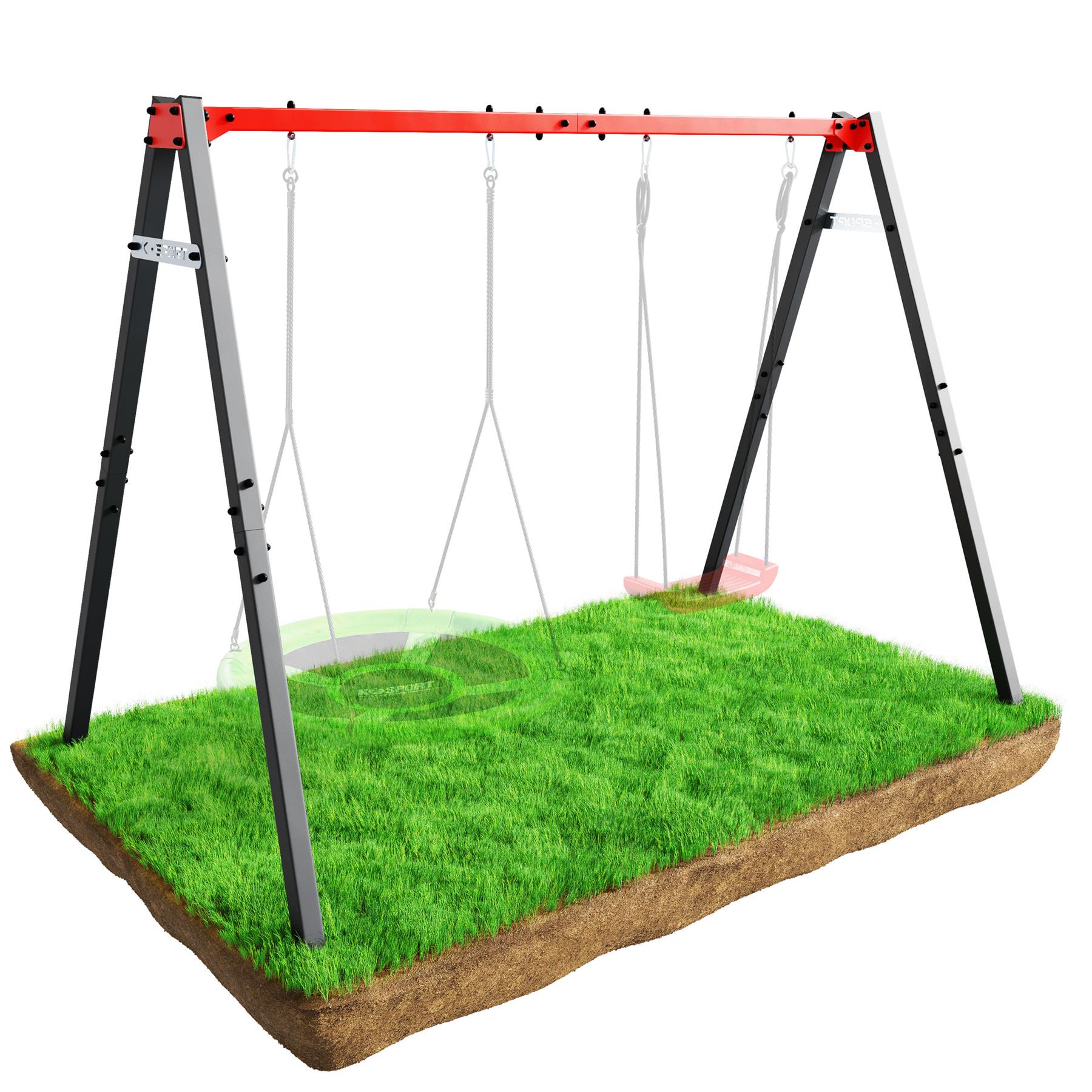 Algemene weergave van de kinderschommel met dubbel frame voor nestschommel en schommel