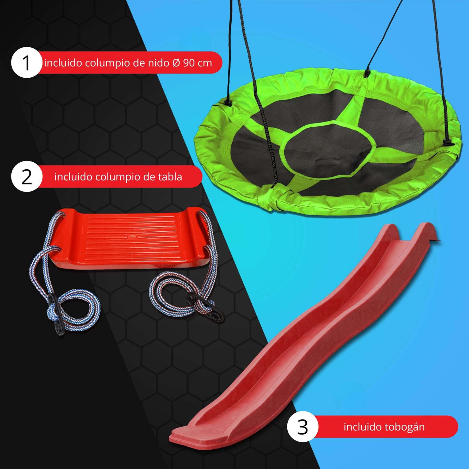 Accesorios incluidos: Columpio de nido, columpio de madera y tobogán rojo de plástico