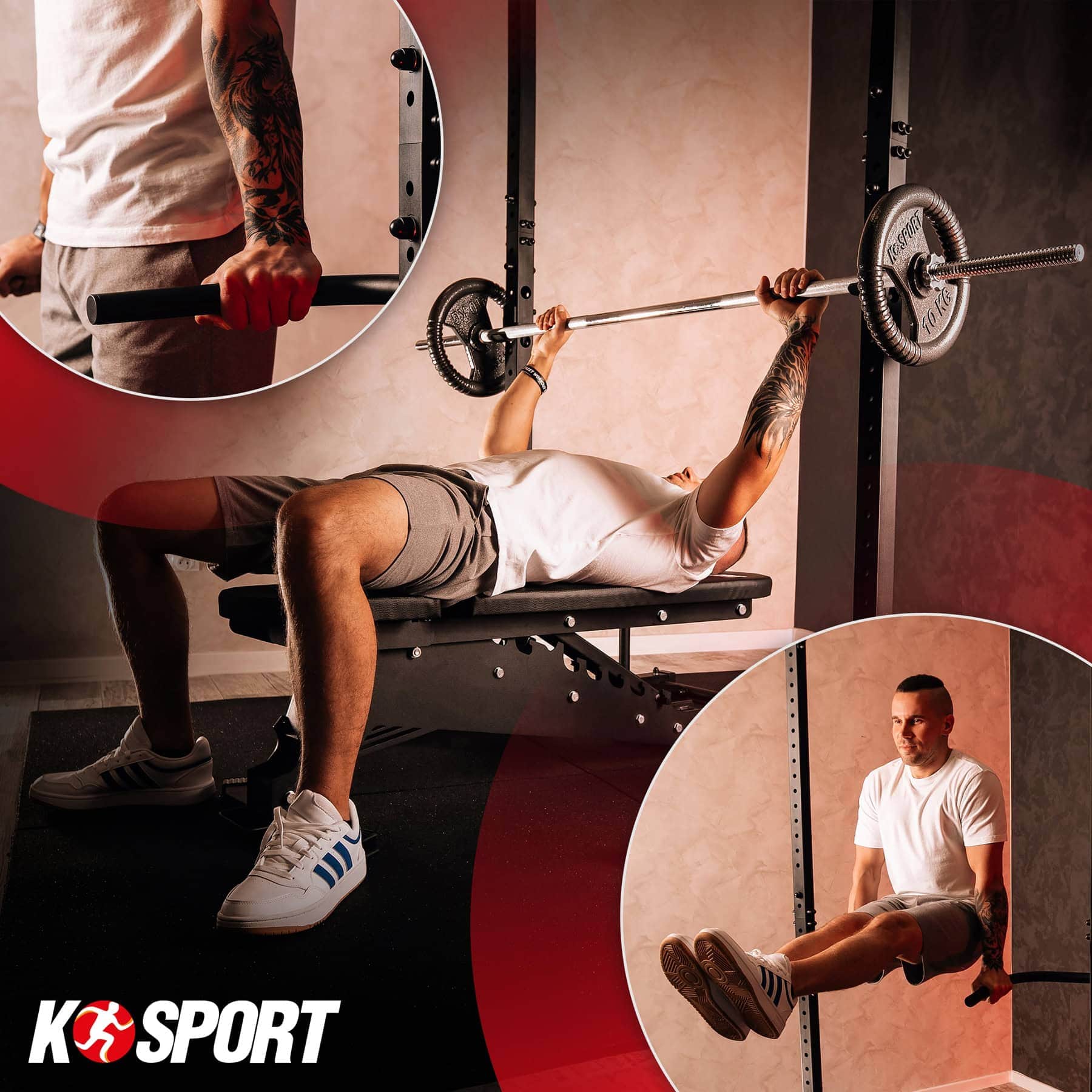 Bankdrukken en Leg Raise op Half Rack