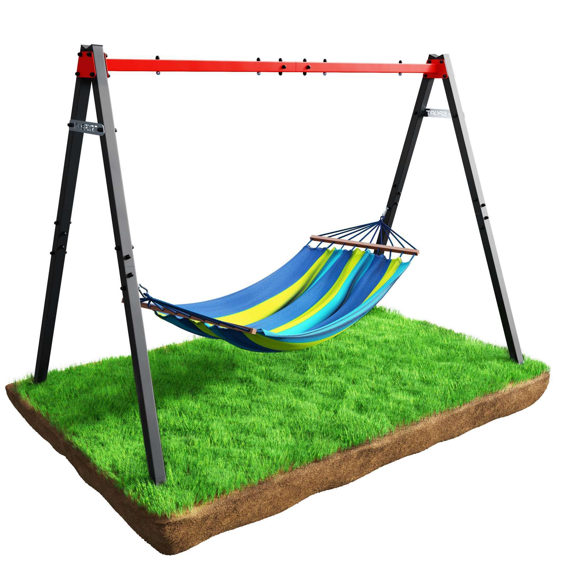 Hamac bleu-vert sur un support en métal dans le jardin