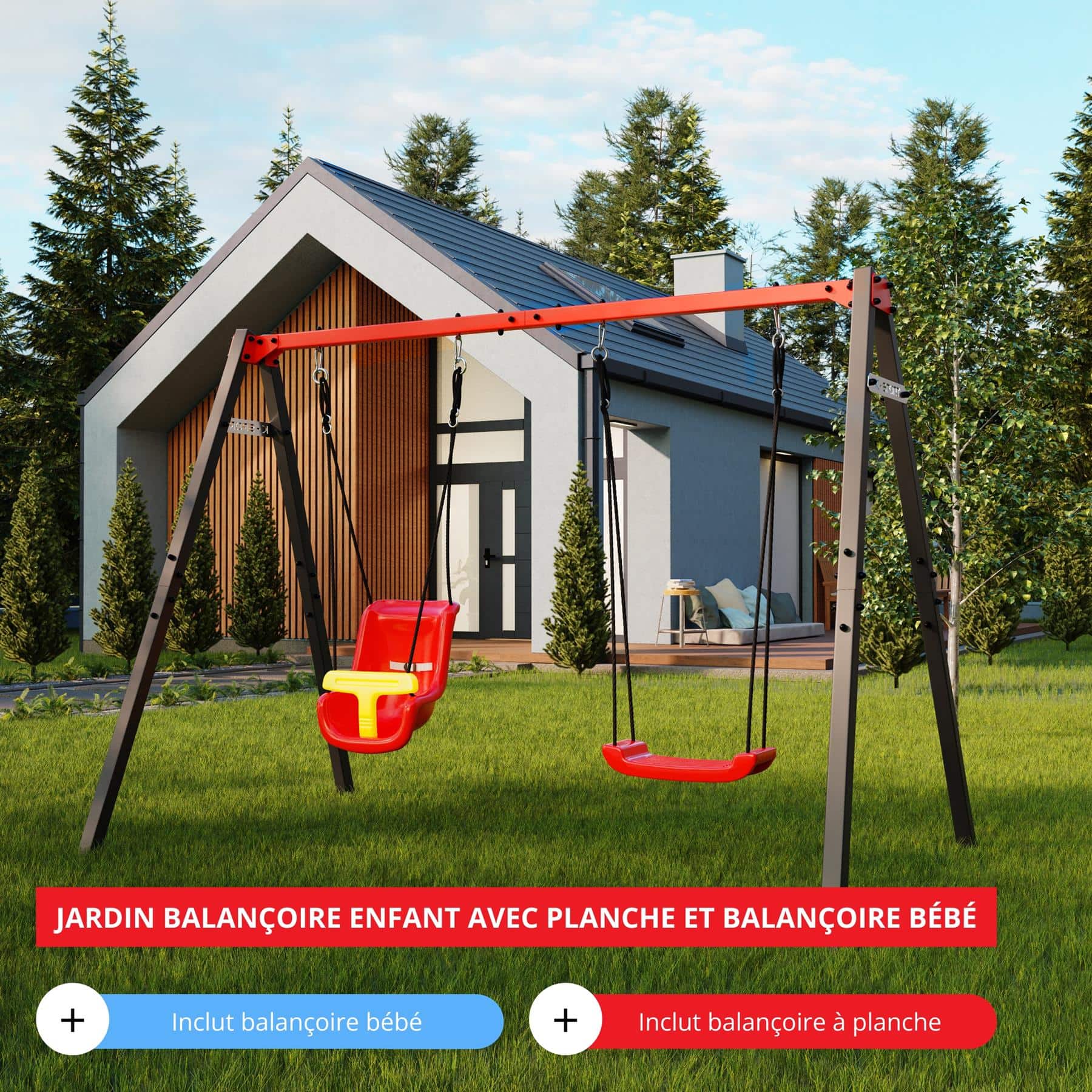 Balançoire de jardin pour enfants avec composants numérotés, y compris balançoire bébé et balançoire classique devant une maison d'habitation