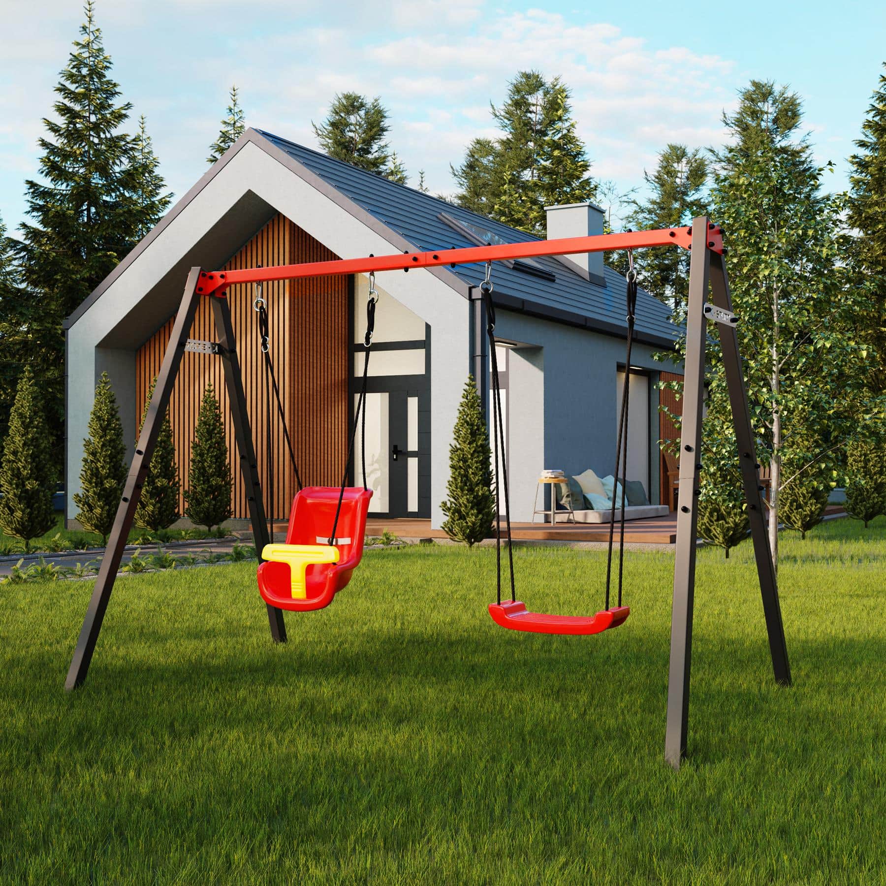 Balançoire complète pour jardin avec balançoire bébé et balançoire classique dans un jardin devant une maison unifamiliale