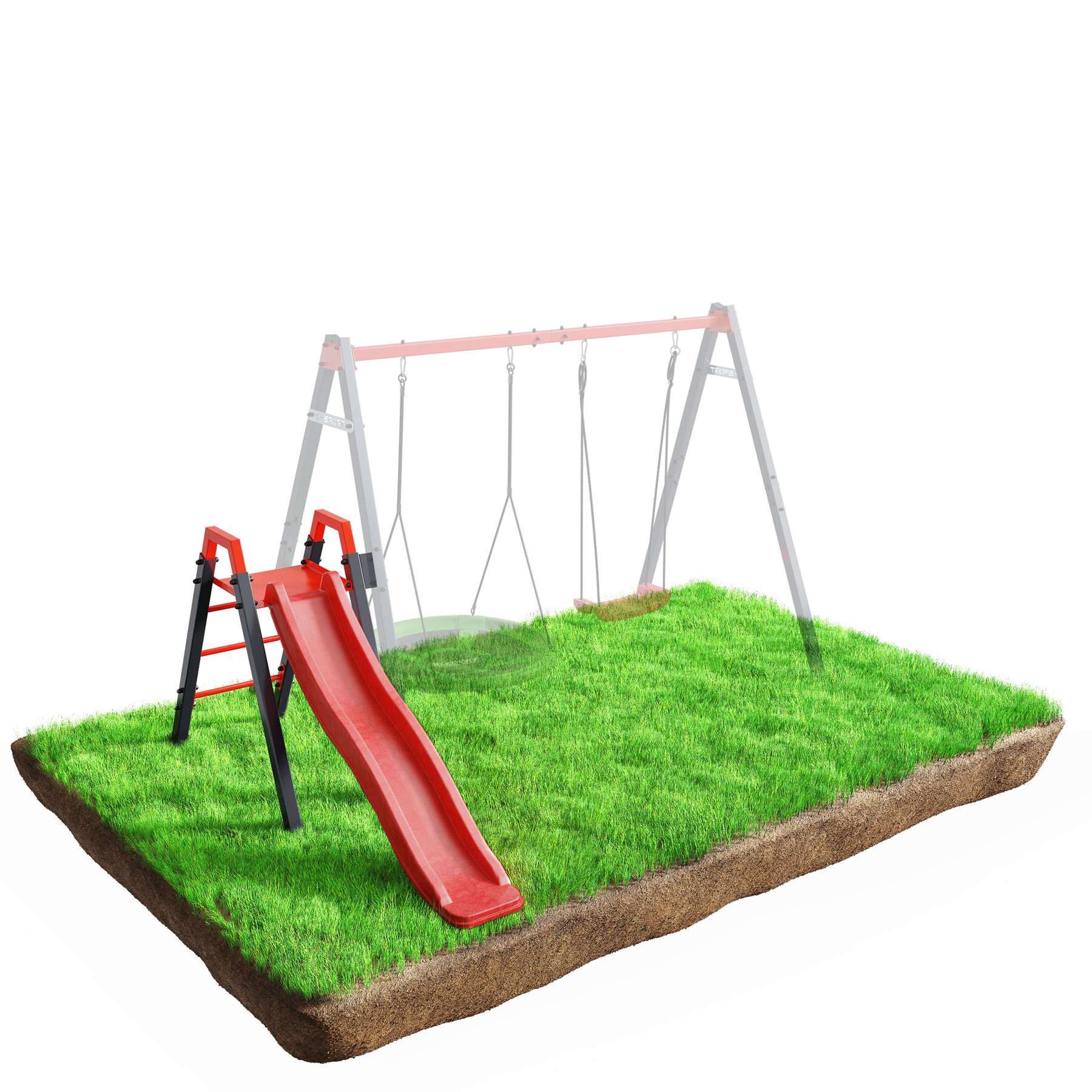 Enkele rode glijbaan, gescheiden van een schommelconstructie, op gras