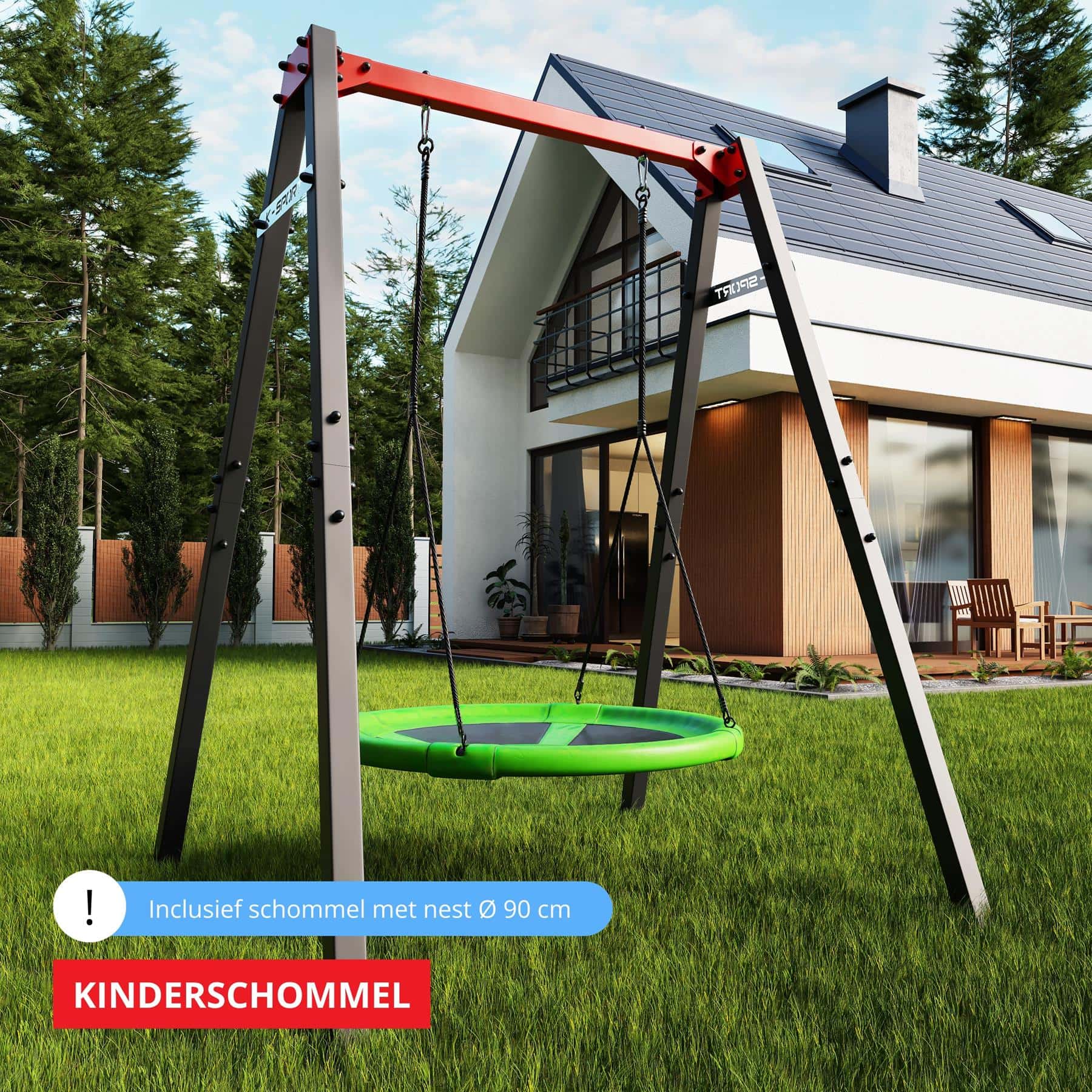 Moderne kinderschommel van K-Sport in de tuin, geschikt voor kinderen en perfect voor buitenplezier