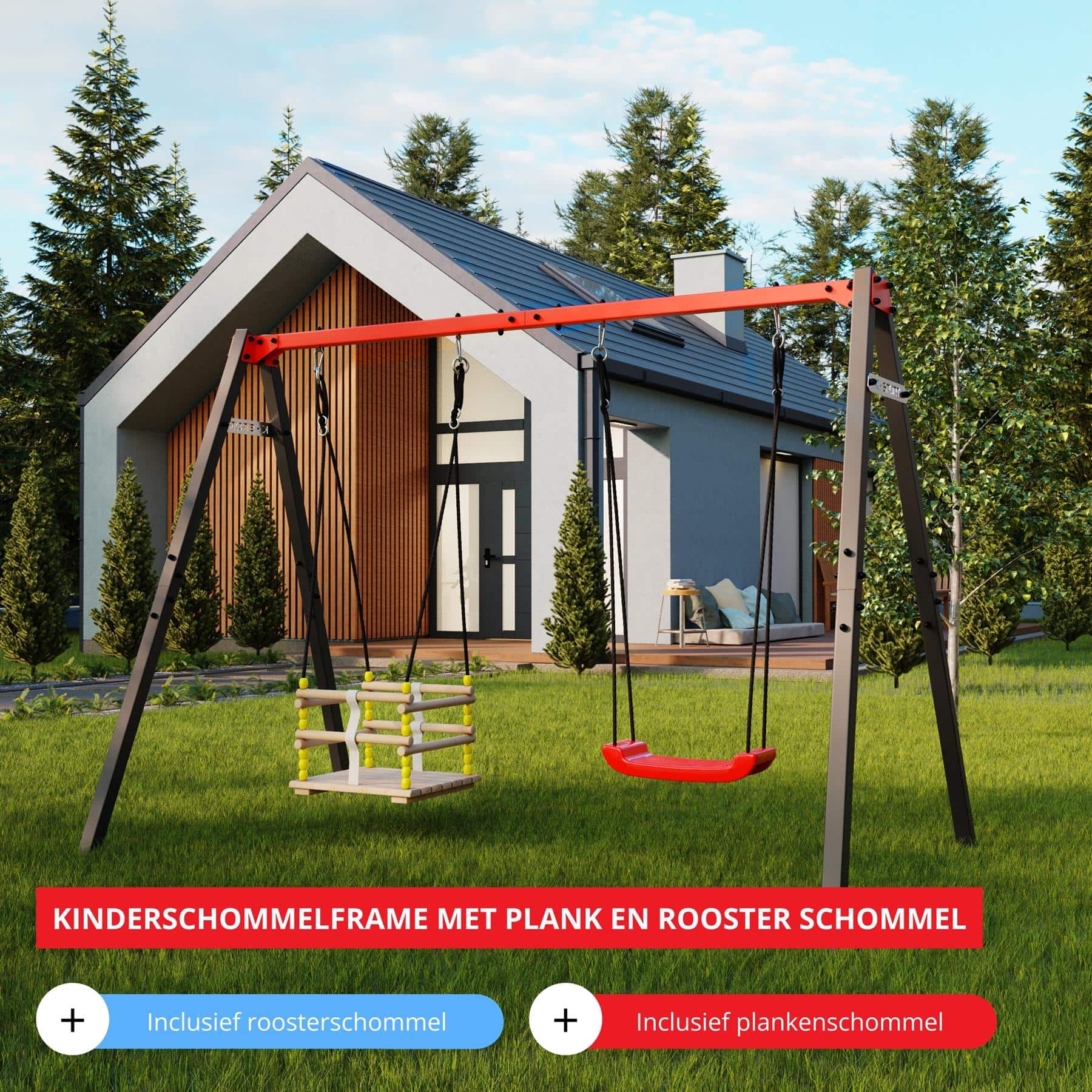 Multifunctionele kinderschommel met traliewerk en plankenschommel in de tuin