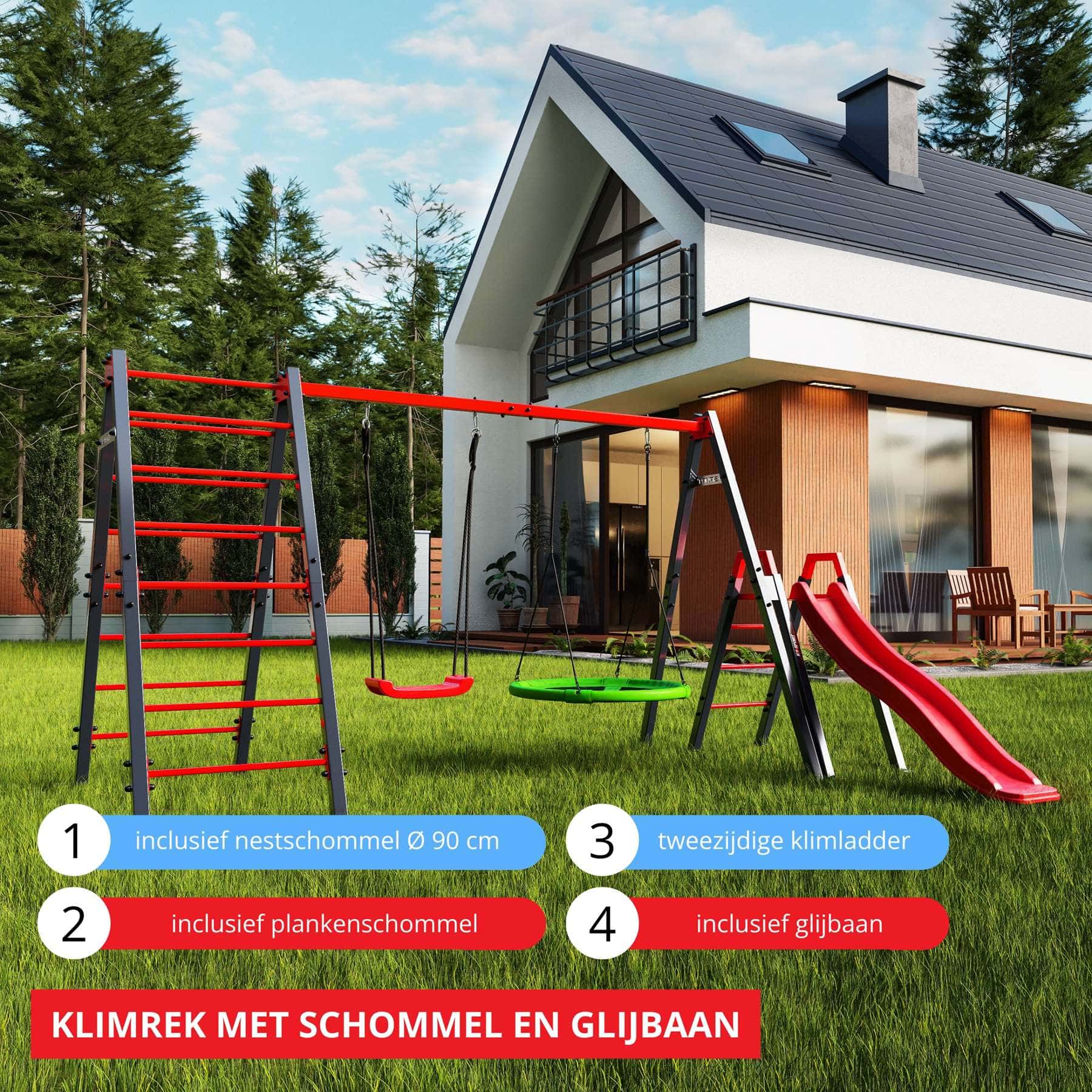 Klimrek met plankschommel, nestschommel, glijbaan en klimladder in de tuin voor een huis