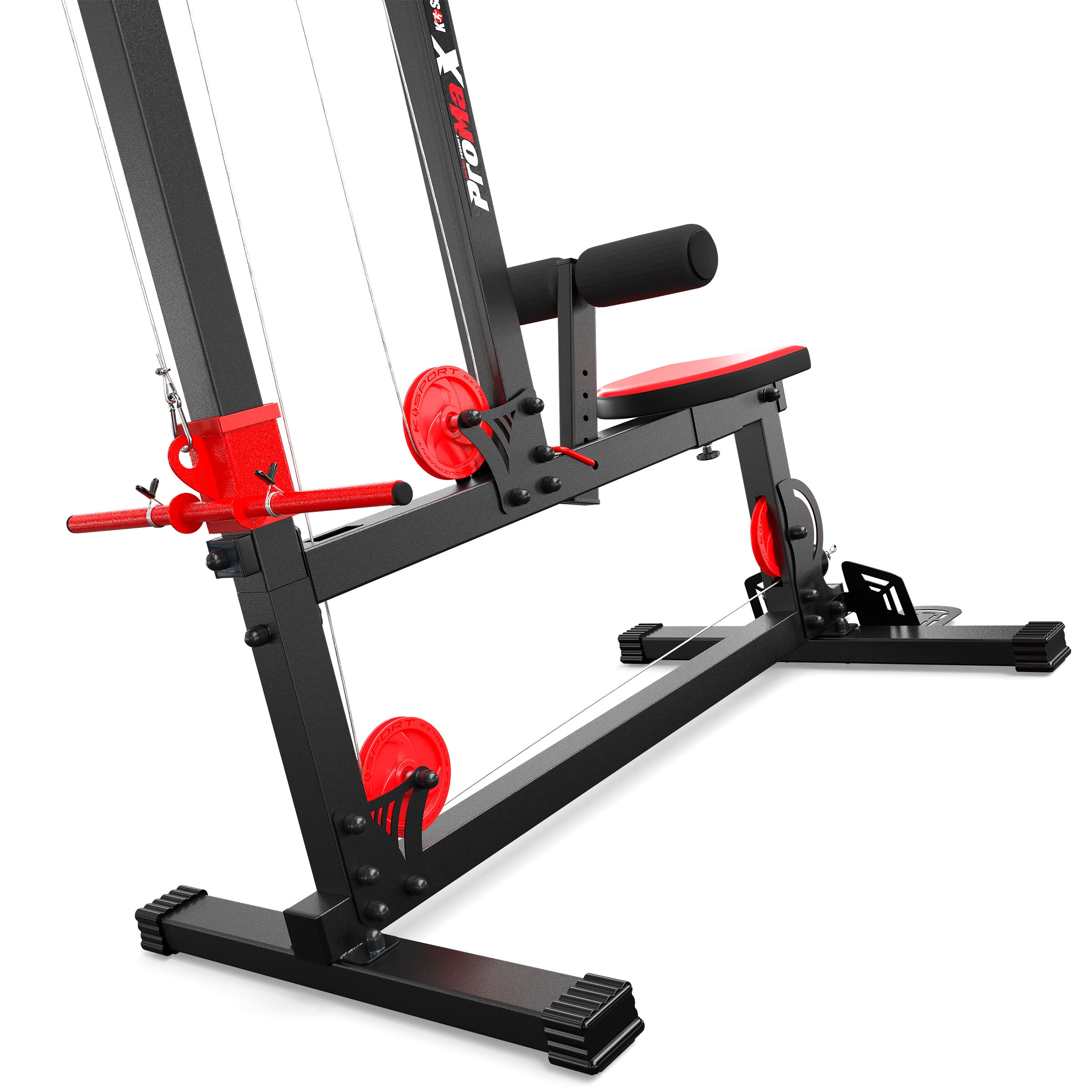 Vista laterale inferiore della lat machine K-Sport con supporti per pesi
