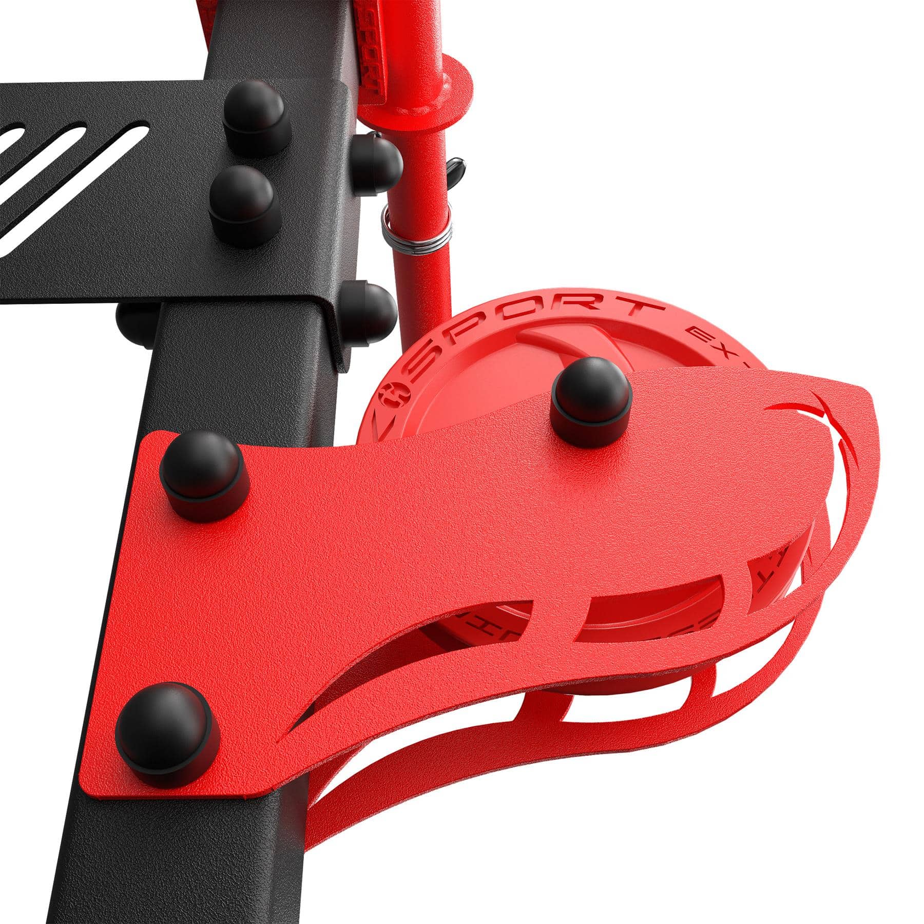 Close-up van de onderste katrol met rode dekking