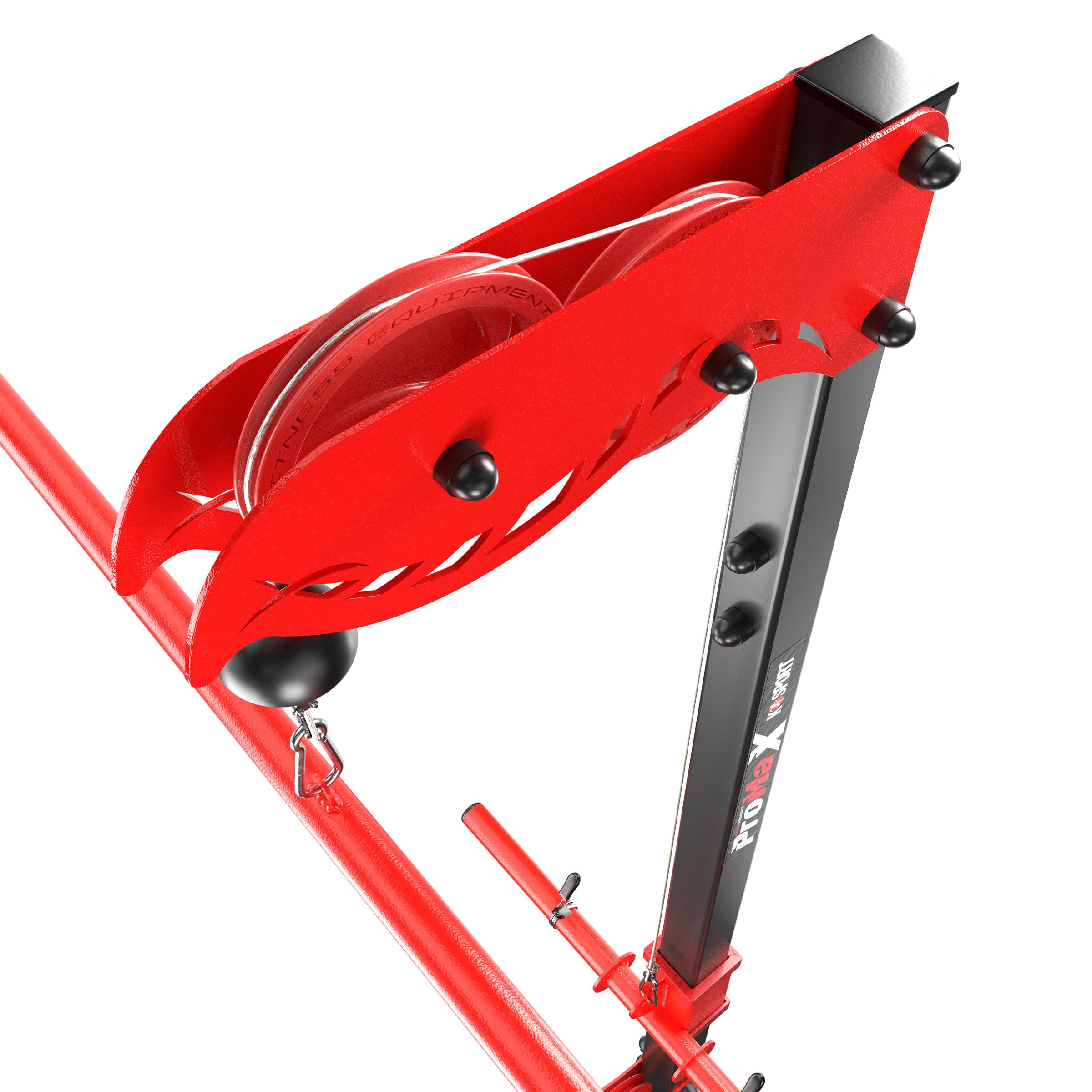 Close-up van de zitplaats en beensteun van de K-Sport lat pulley machine