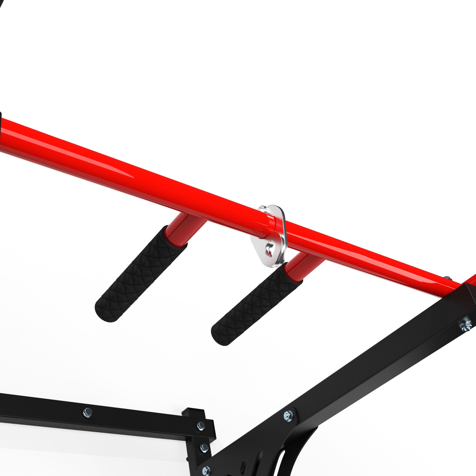 Close-up van de optrekstang, toont de bokszakhouder en gewatteerde handgrepen voor optimale grip