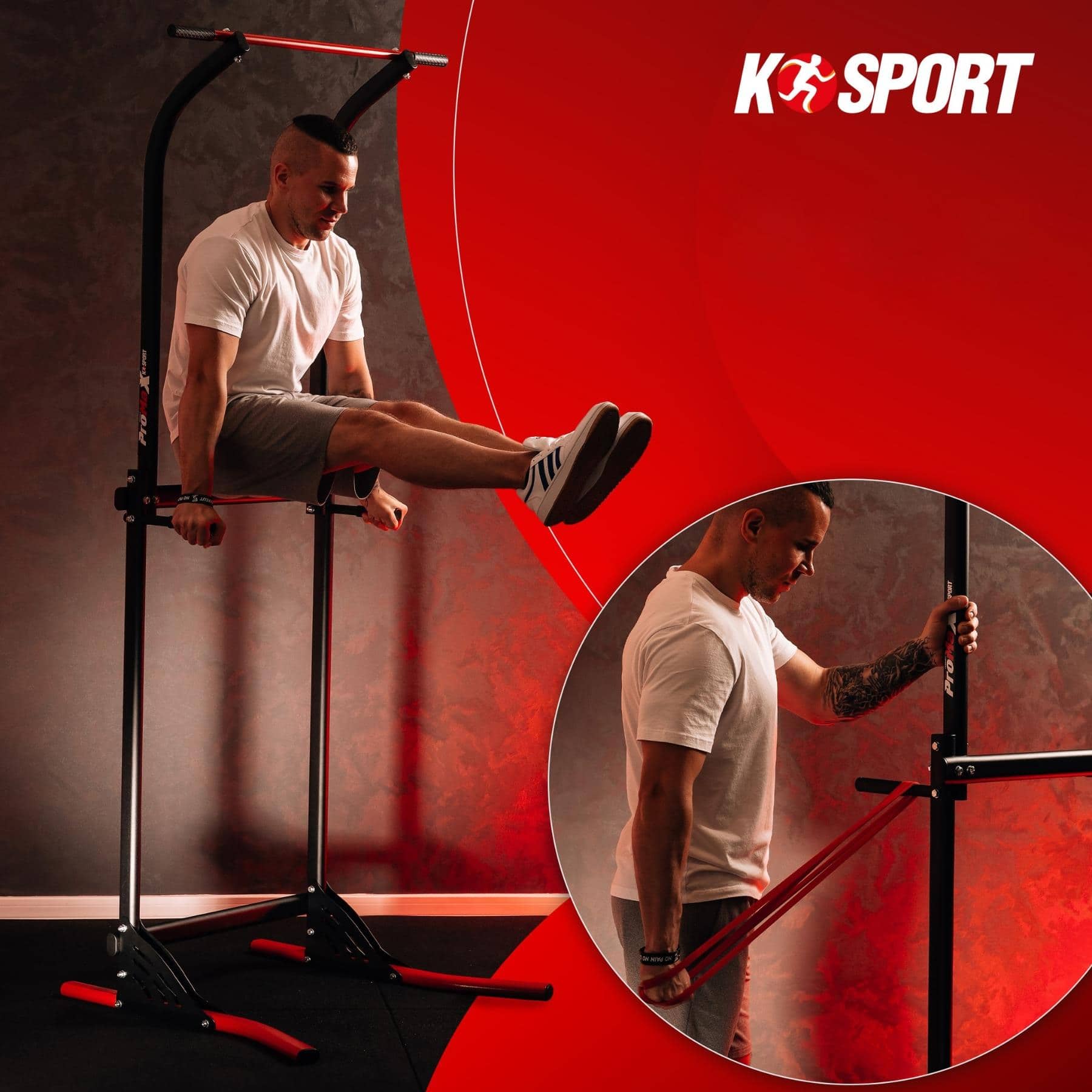 Atleta entrenando en la Power Tower con ejercicios de peso corporal