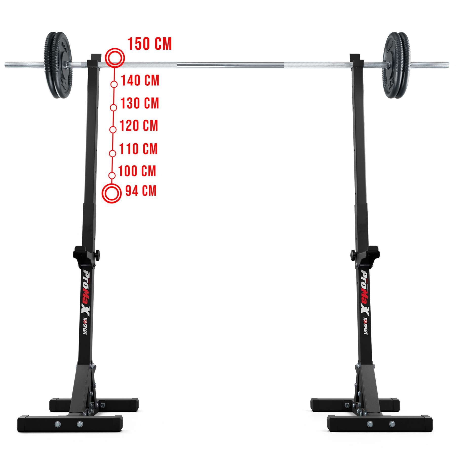 Rack avec des marquages pour les hauteurs et positions des haltères