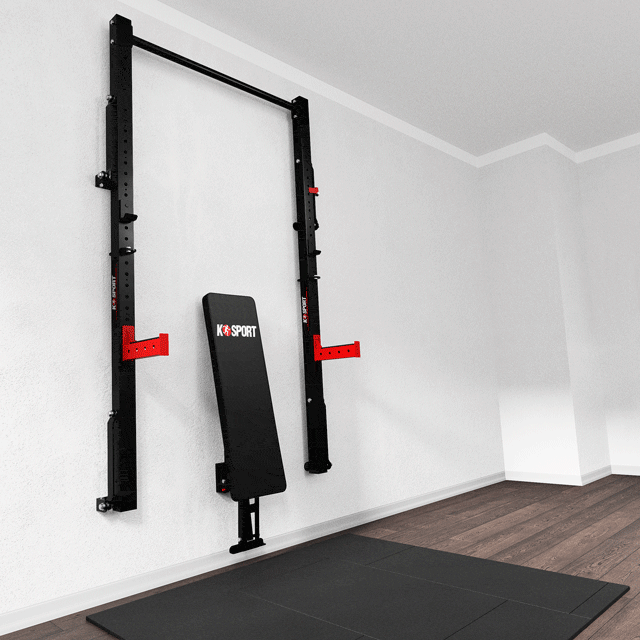 Rack de pared de K-Sport con banco plegable – equipo multifuncional para gimnasios en casa