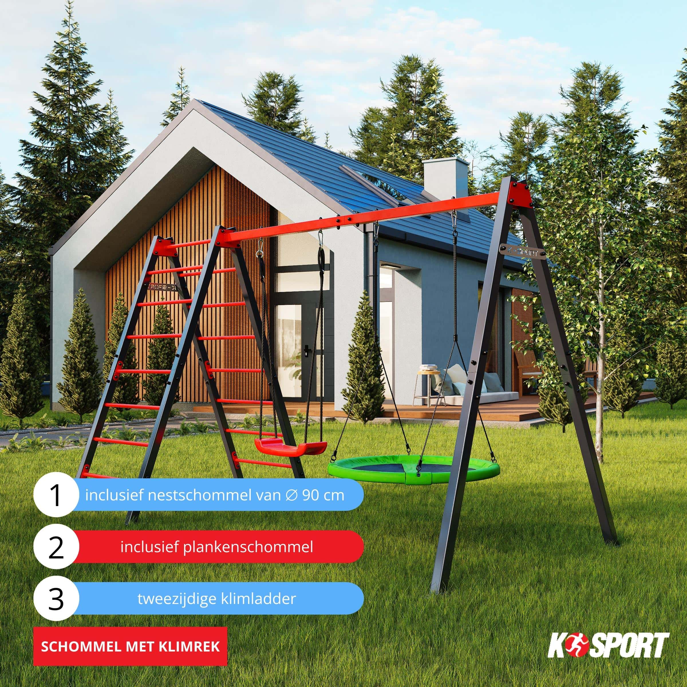 Rood-grijs schommelrek met label met nestschommel en ladder