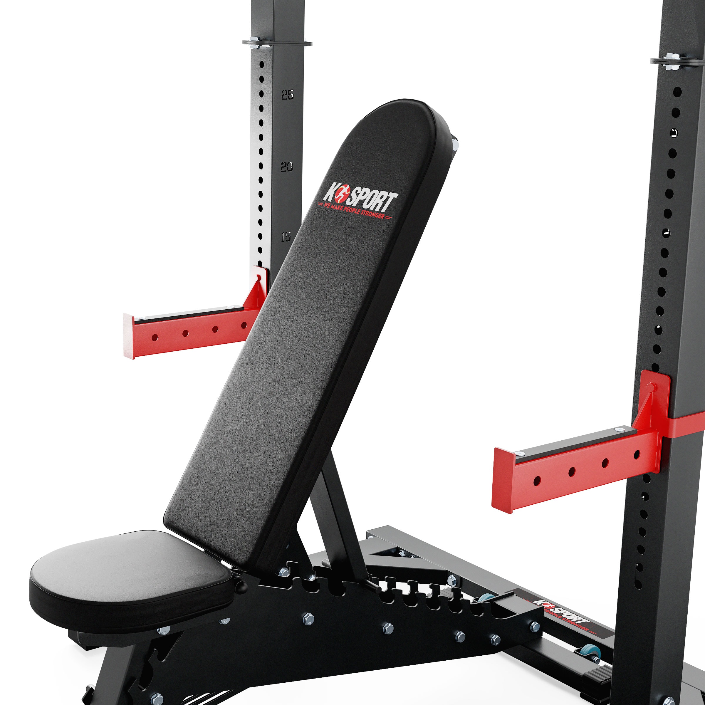 Banco de fitness K-Sport en posición vertical, parte del conjunto Squat Rack, negro-rojo