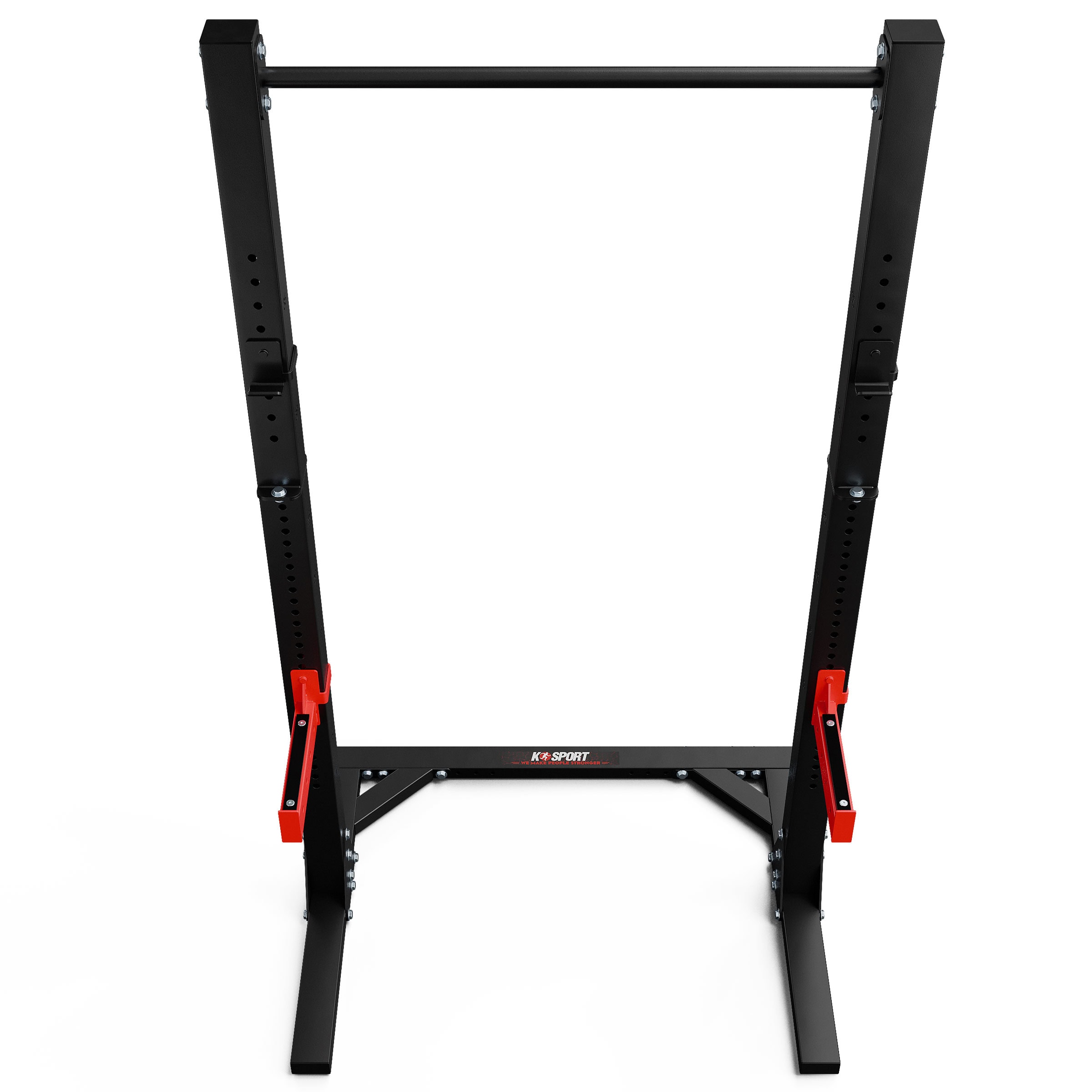 Componentes del K-Sport Squat Rack, incluyendo brazos de seguridad y soportes para pesas