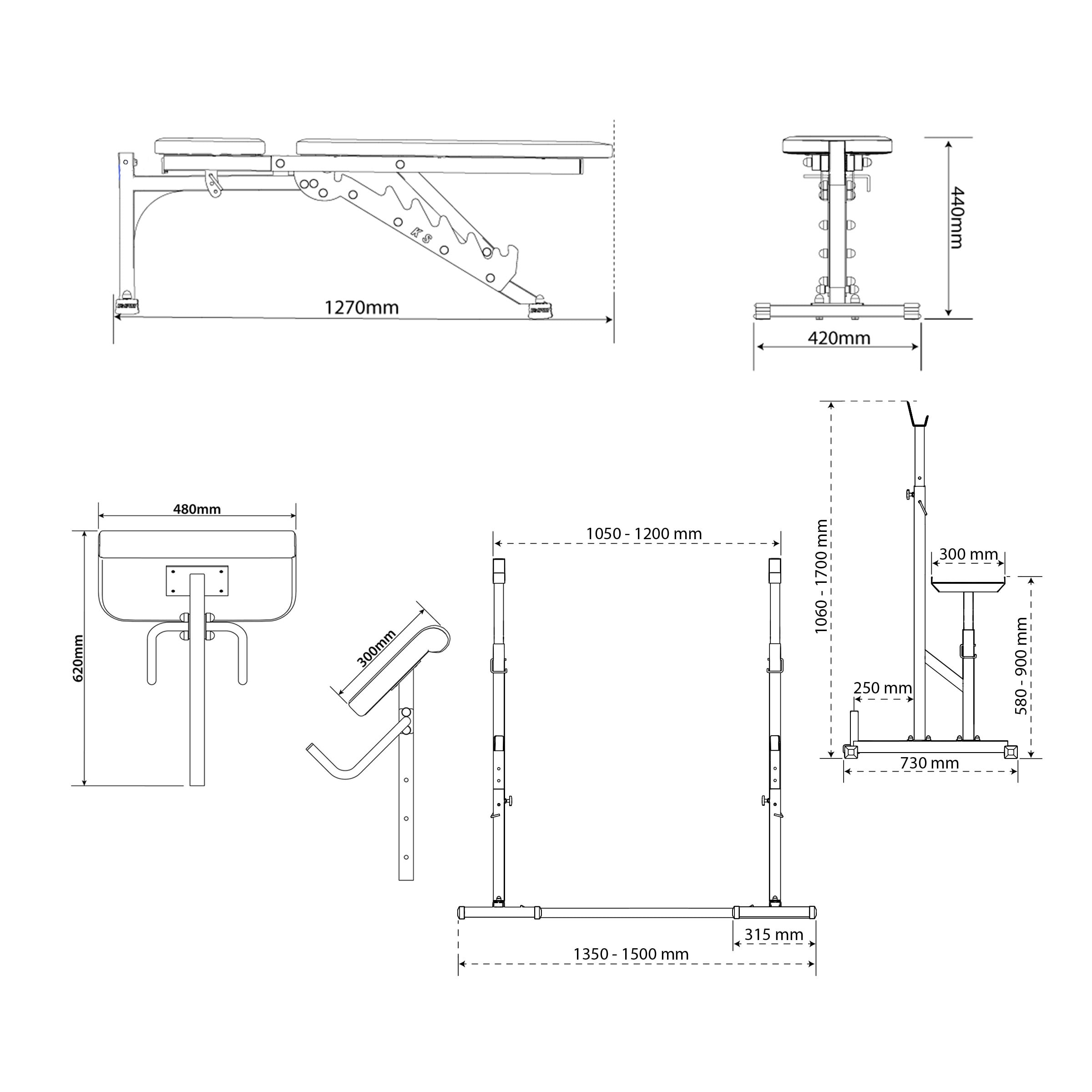 Dati tecnici - Set di allenamento power station con panca pesi + porta bilancieri + banco curl
