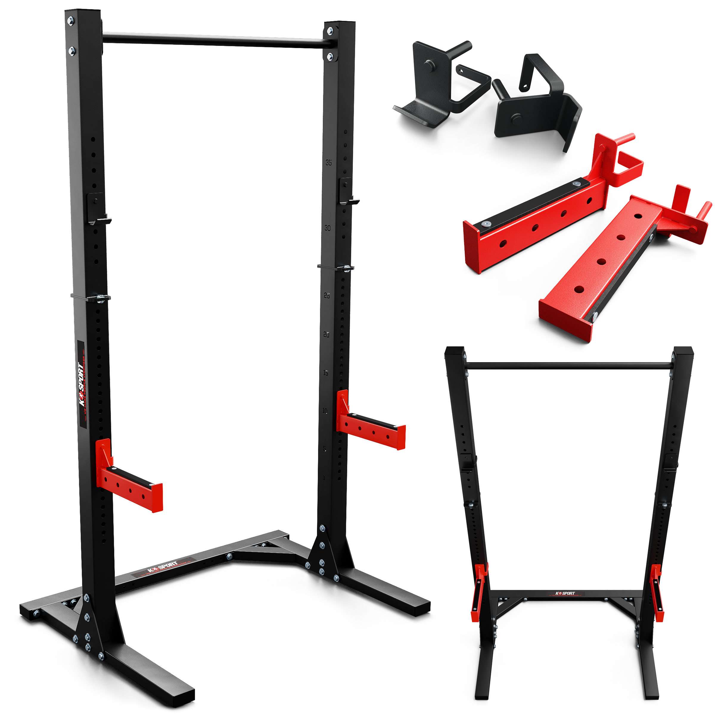 K-Sport soporte de sentadillas masivo Squat Rack con J-Hooks rojos y estructura de marco negro