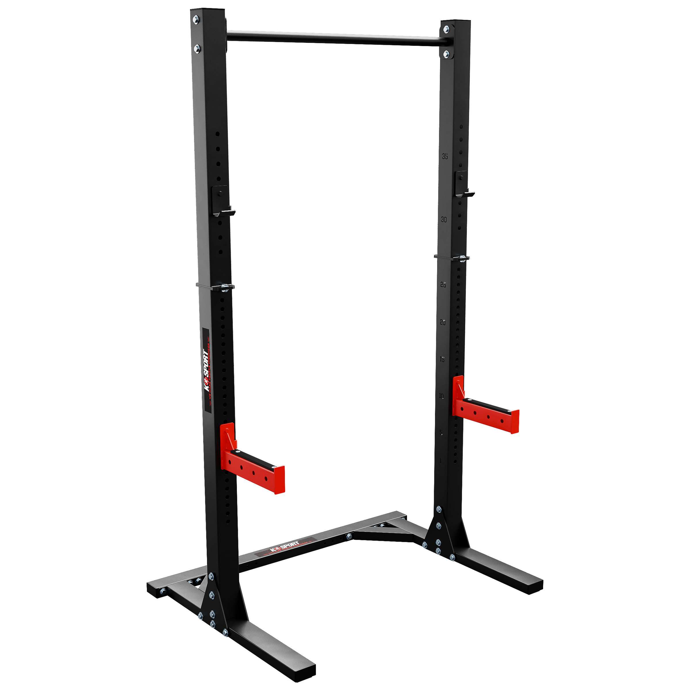 Vista lateral del K-Sport Squat Rack con marco de acero negro y J-Hooks ajustables rojos