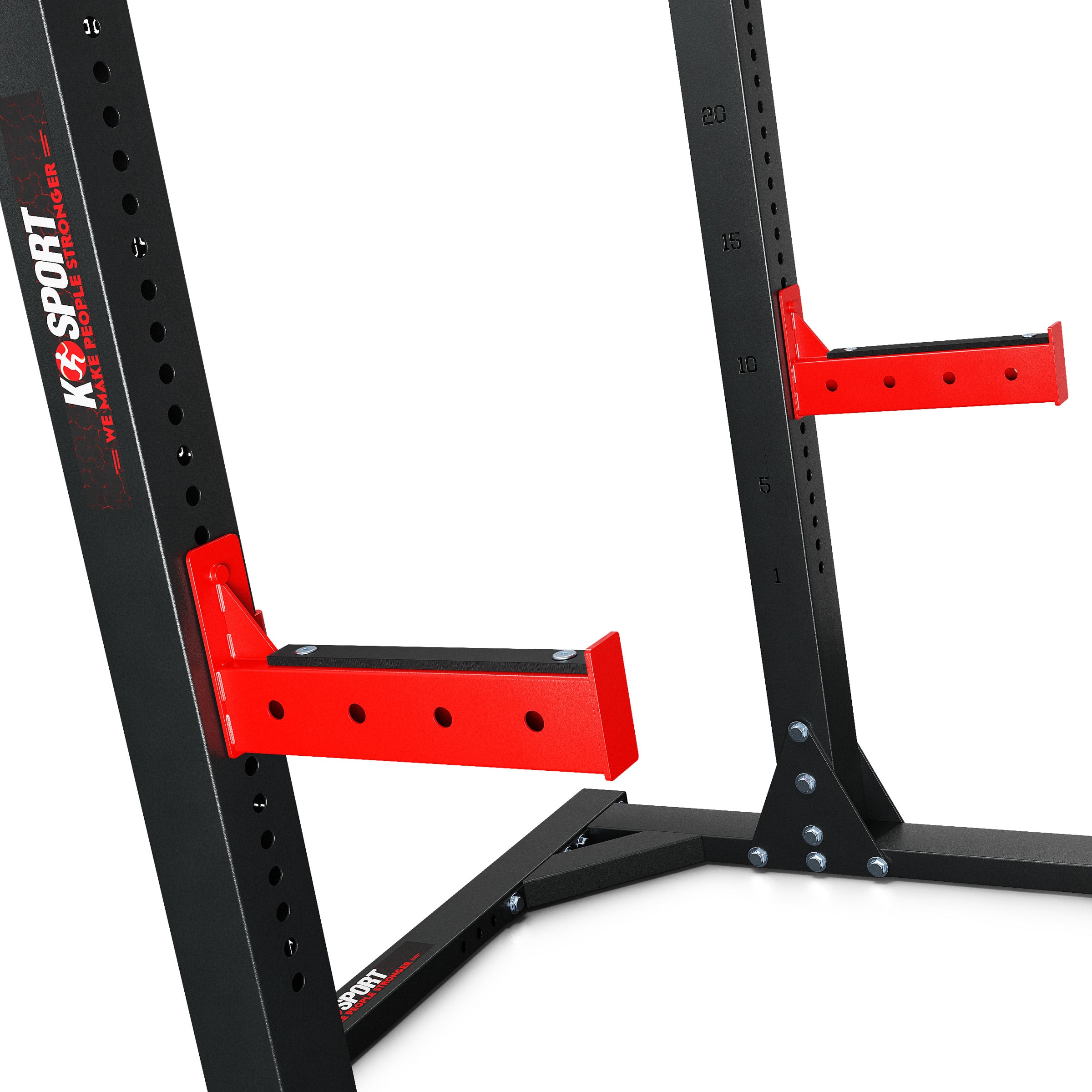 Vista lateral de un soporte de sentadillas negro con refuerzos de seguridad rojos