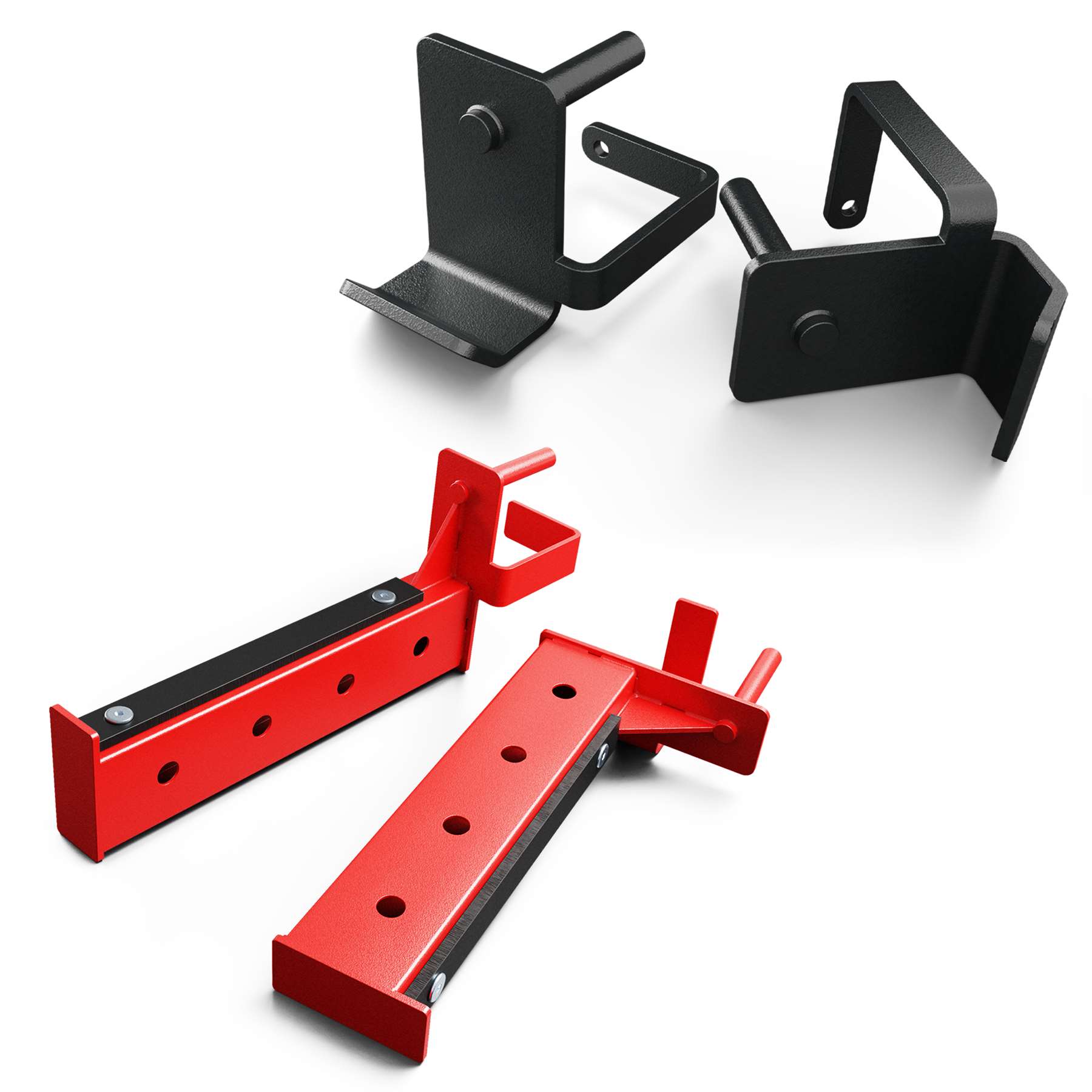 J-Hooks masivos y reposacodos de seguridad para soporte de sentadillas en negro y rojo