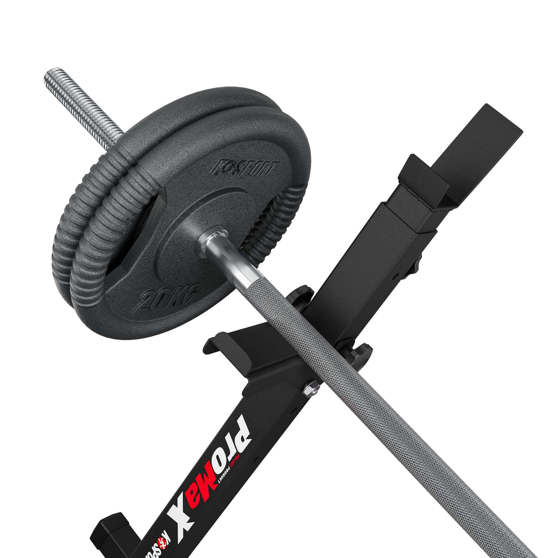 Soporte para barra K-Sport y banco ajustable en un gimnasio