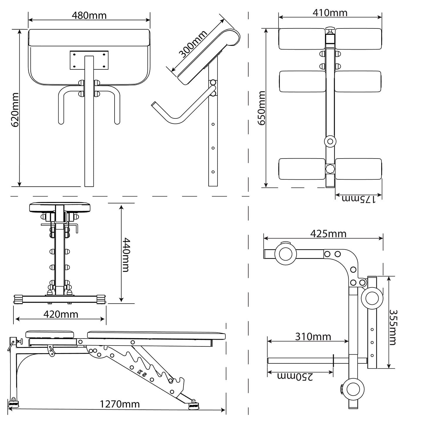 Dati tecnici - Stazione di forza con panca pesi/panca inclinata + curlpult + leg Curler