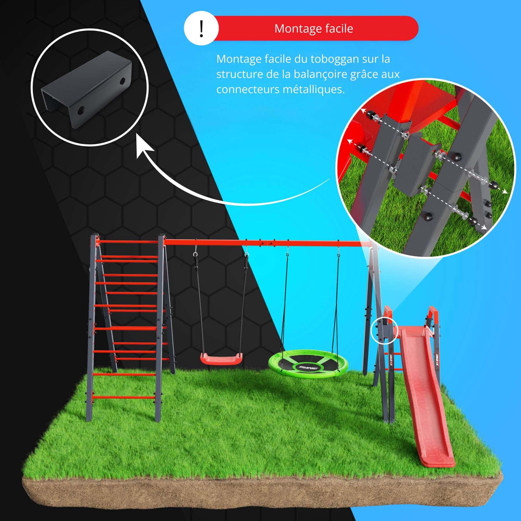 Vue détaillée du montage du toboggan sur le cadre de la balançoire avec vis et connecteurs métalliques