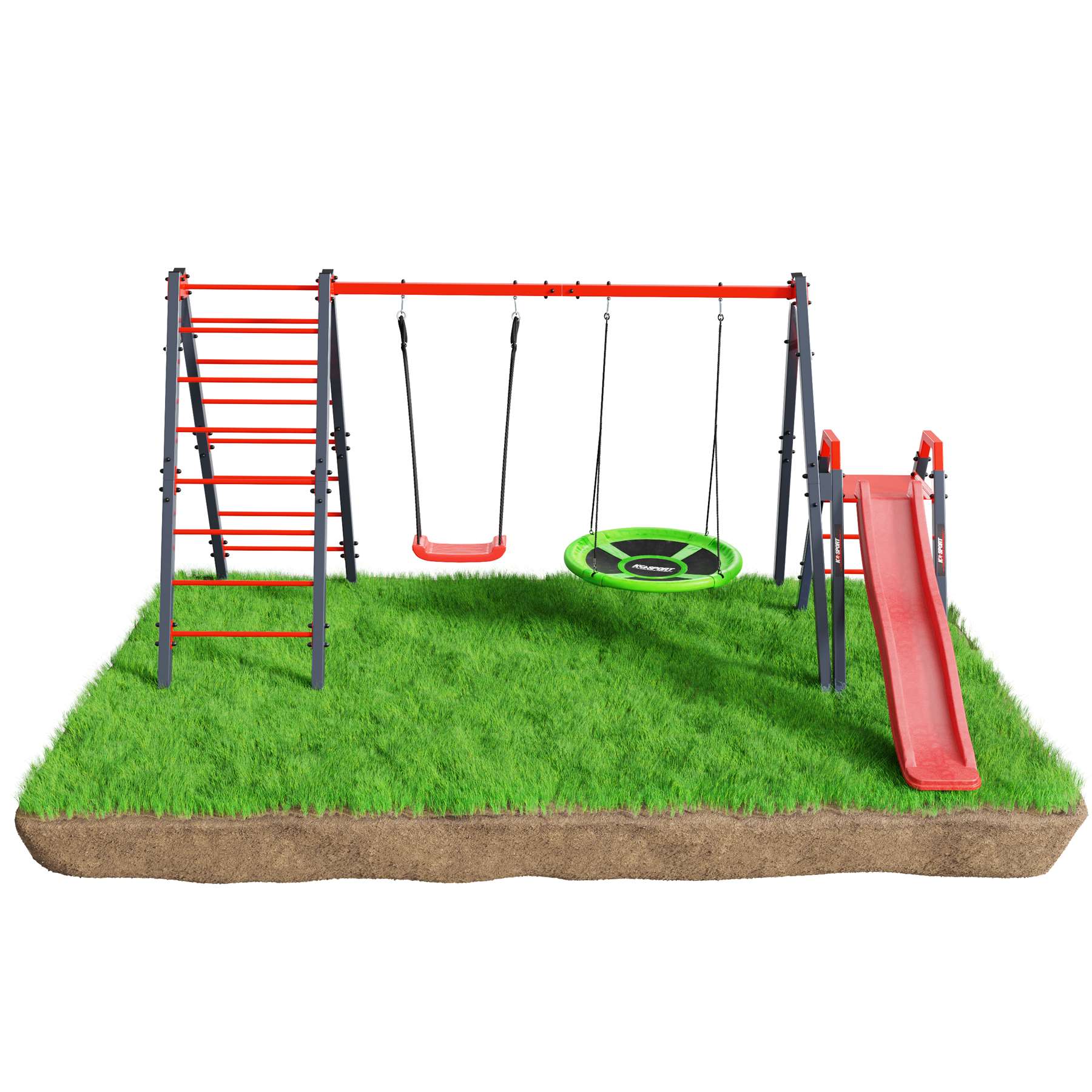 Structure d'escalade avec balançoire et toboggan sur gazon vert