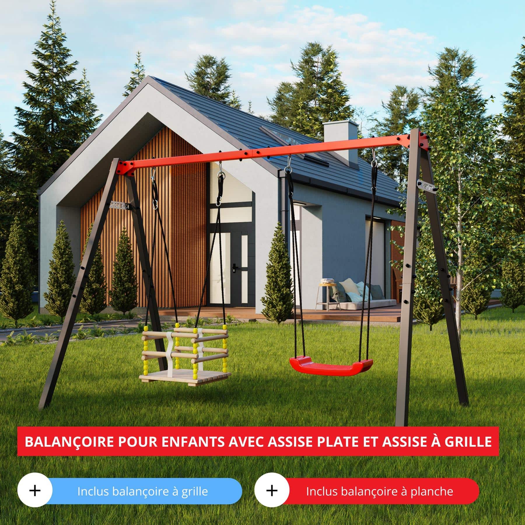 Balançoire enfant multifonctionnelle avec balançoire grillagée et balançoire planche dans le jardin