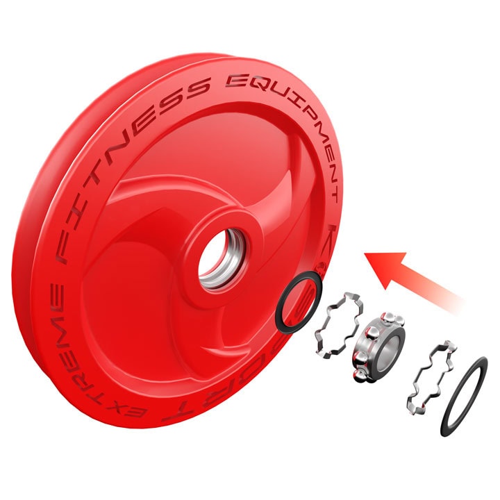 Detail van de rode katrol met kogellager