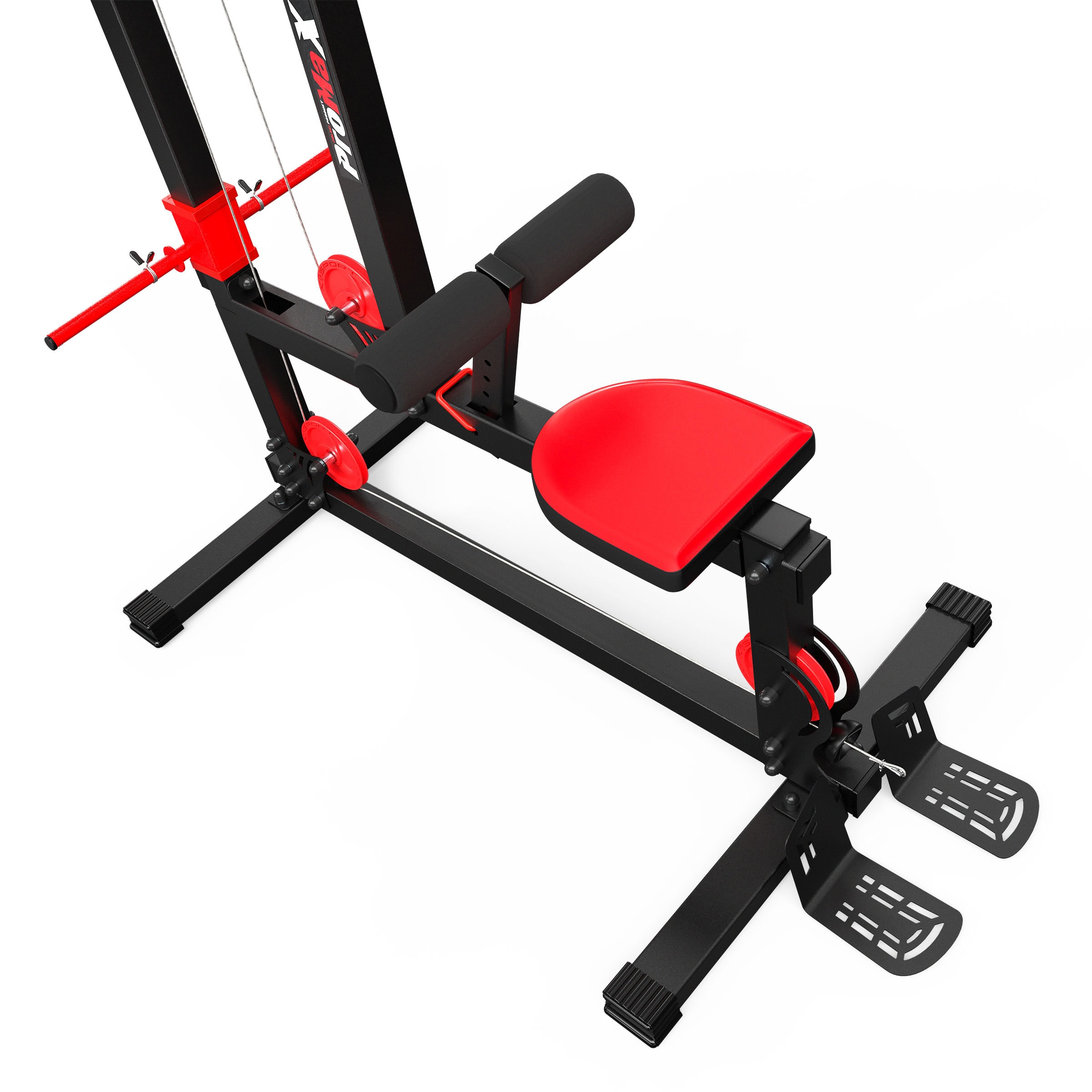 Detail van de zitting en beensteun van de K-Sport Lat Pulley machine