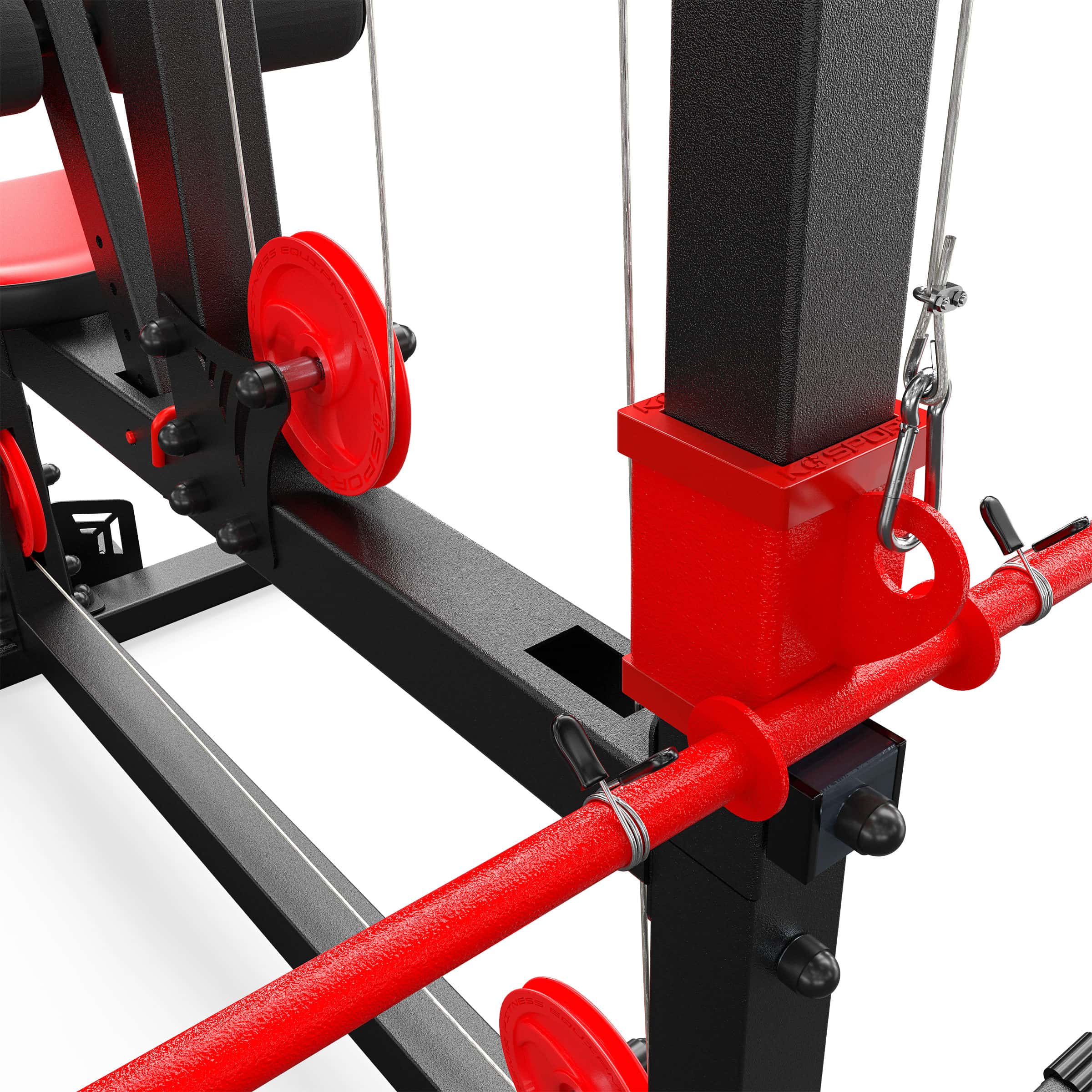 Close-up van gewichtsopname en kabelbevestiging van de K-Sport Lat Pulley machine