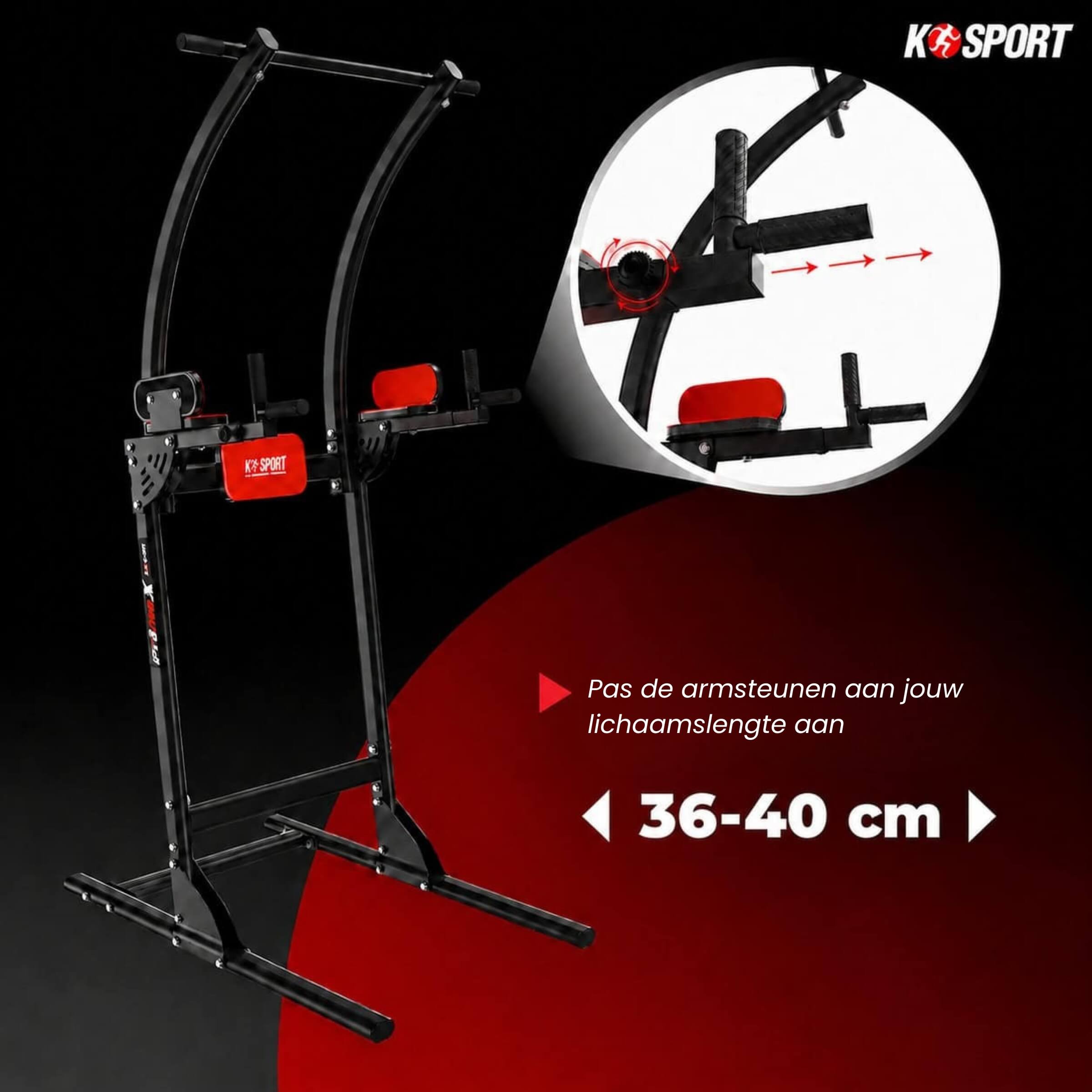 Krachtstation met verstelbare armsteunen van 36 tot 40 cm en optrekstang
