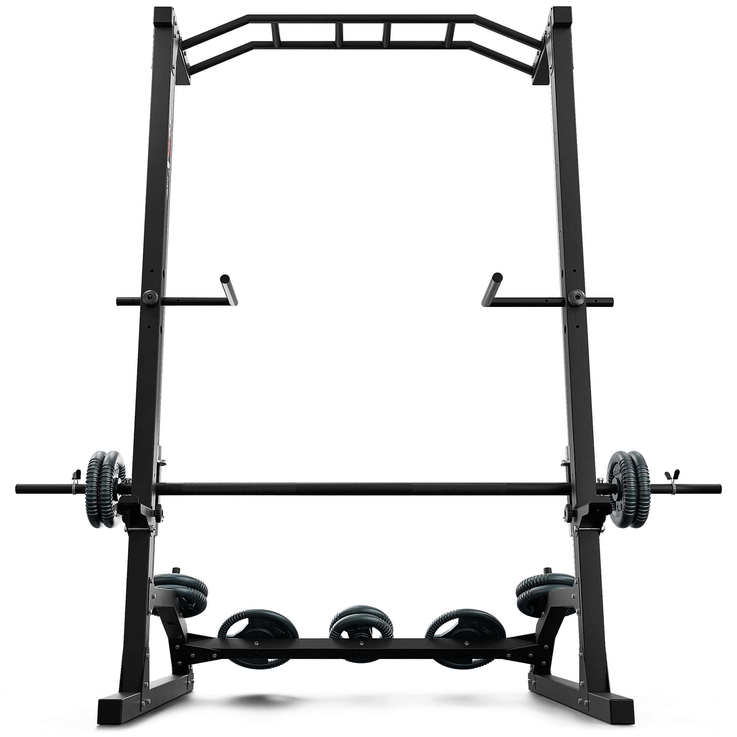 Vista frontal de la multipower K-Sport con barra cargada y pies de apoyo estables