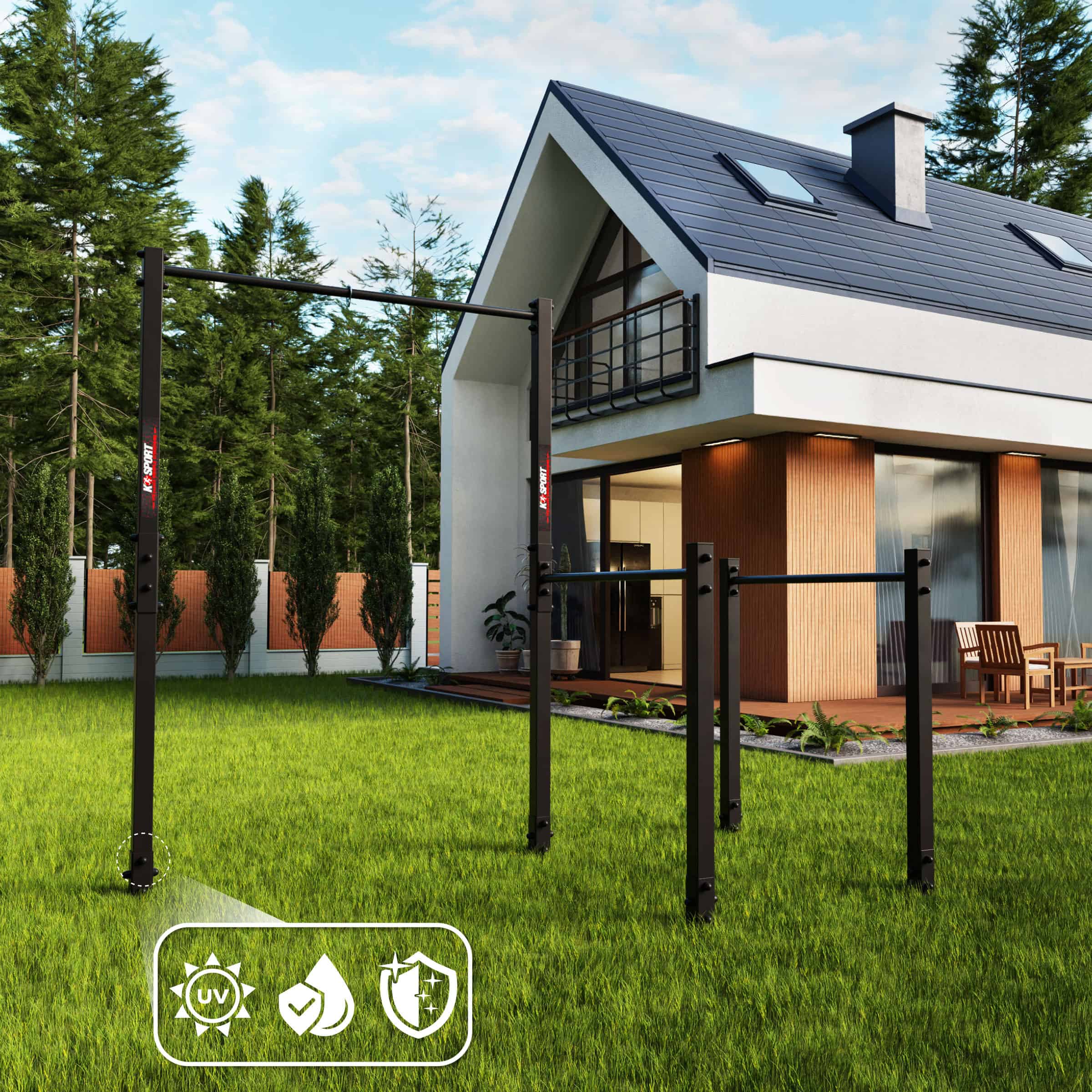 Tuinrek met iconen voor weerbestendigheid, UV-bescherming en een robuust frame