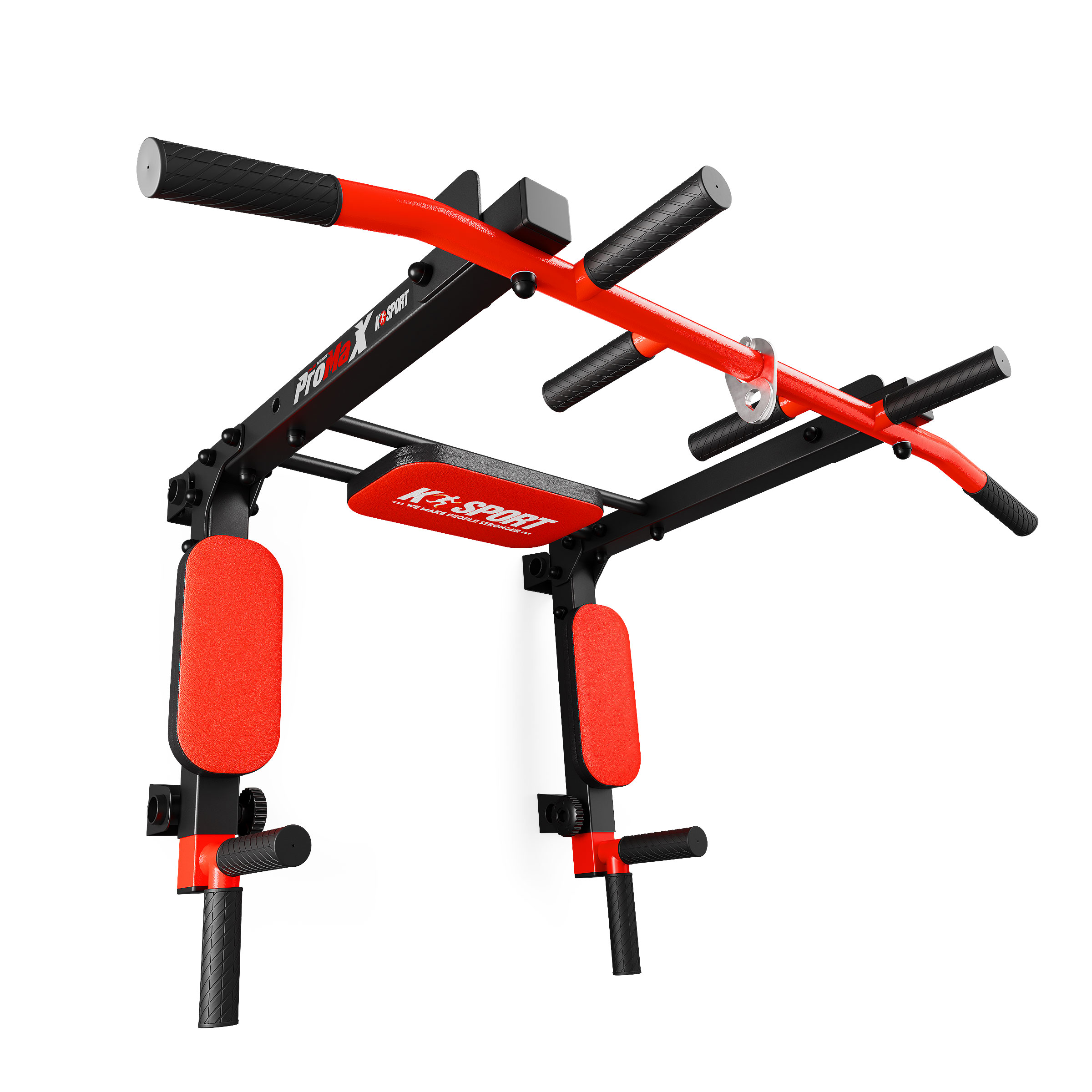 Optrekstang van de 2-in-1 wandstation met meerdere gripposities en rode kussens